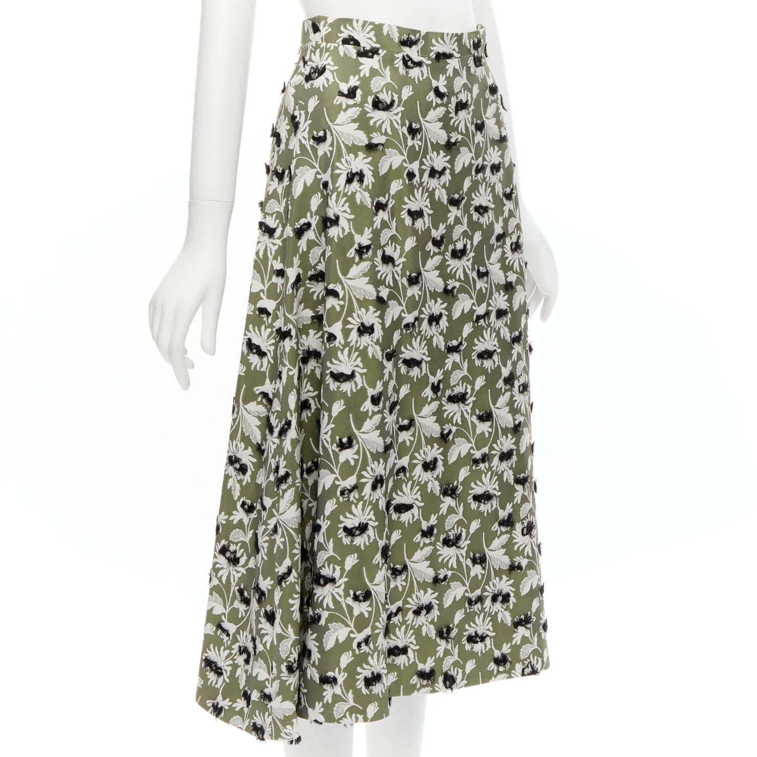 Balenciaga BALENCIAGA 2015 grey green black fringe embellishment white floral midi skirt FR36 S Size 27" / US 4 / IT 40 - 2 Thumbnail