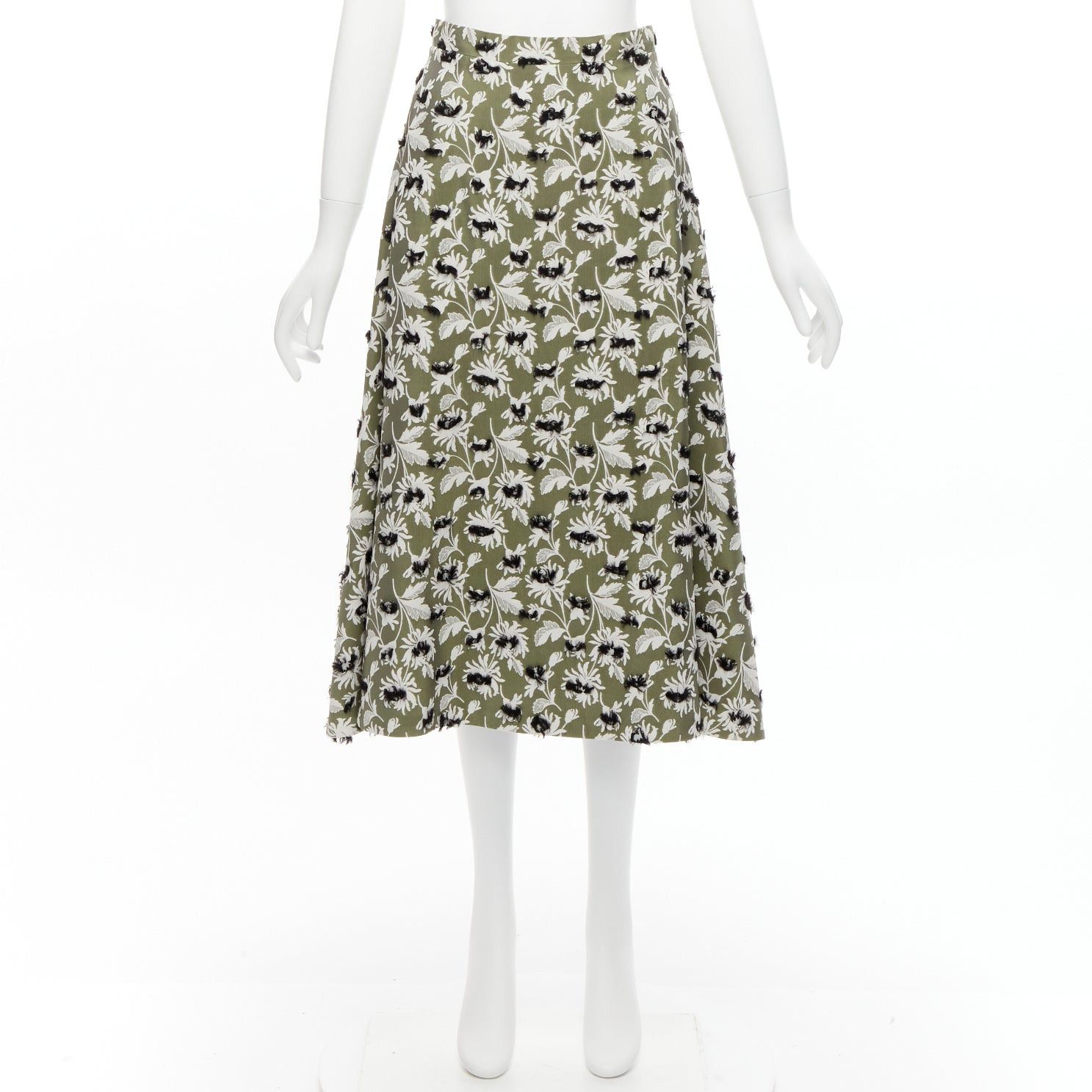 Balenciaga BALENCIAGA 2015 grey green black fringe embellishment white floral midi skirt FR36 S Size 27" / US 4 / IT 40 - 9 Thumbnail