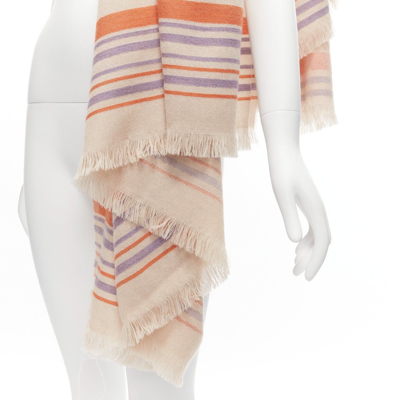 Etro ETRO Home Collection 100% merino wool beige logo stripes fringe scarf Size ONE SIZE - 2 Thumbnail