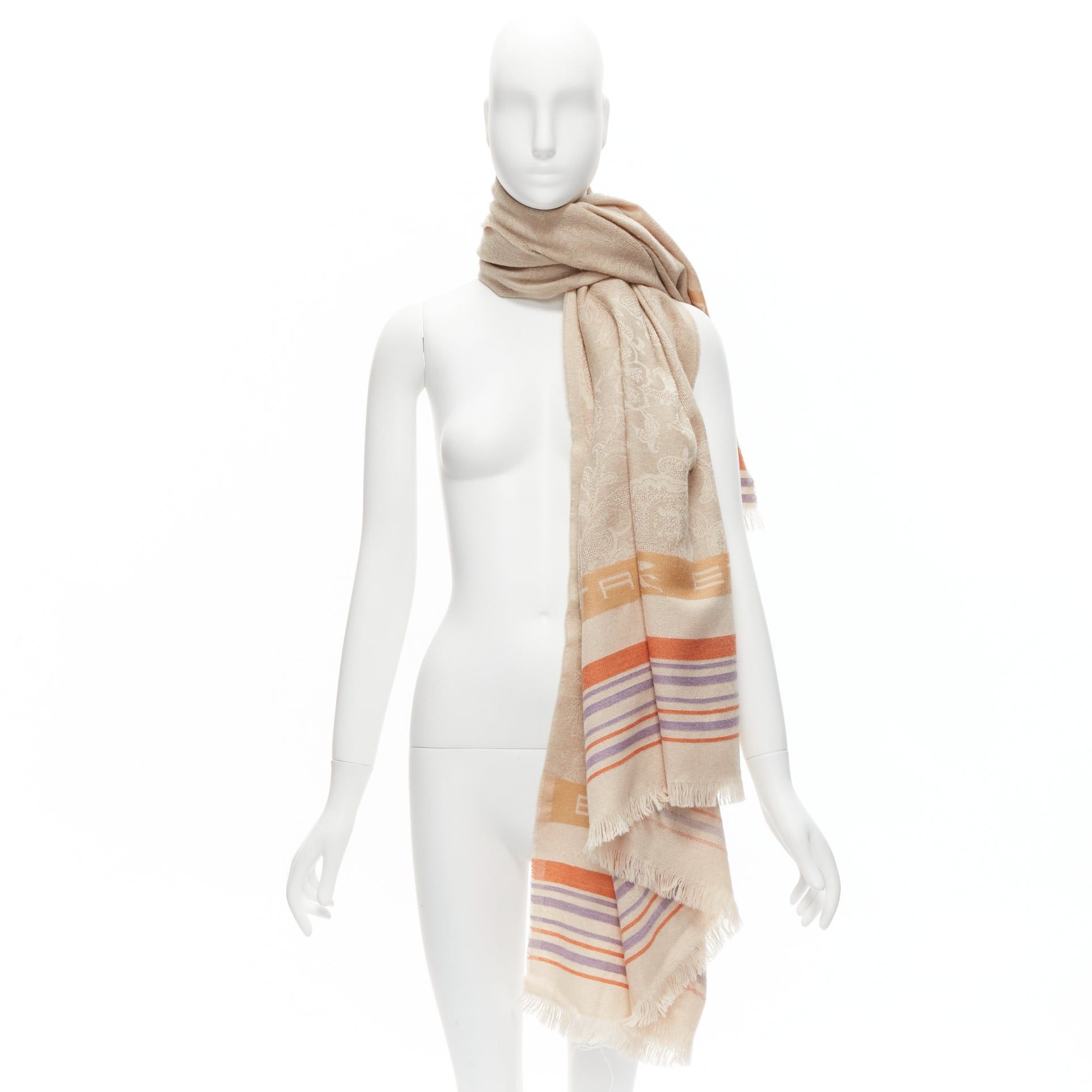 Etro ETRO Home Collection 100% merino wool beige logo stripes fringe scarf Size ONE SIZE - 9 Thumbnail