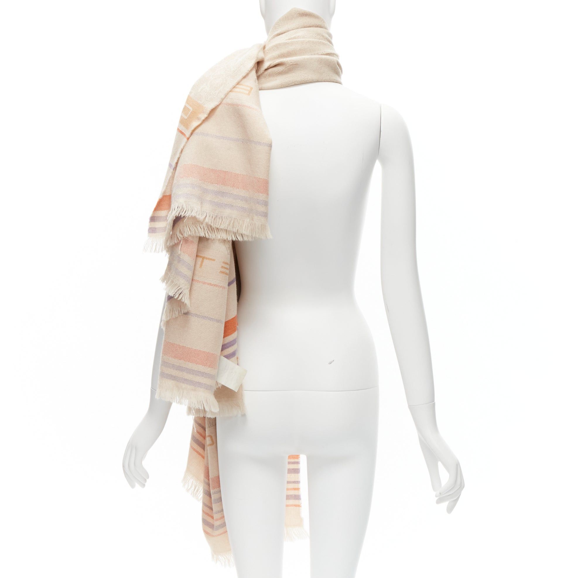 Etro ETRO Home Collection 100% merino wool beige logo stripes fringe scarf Size ONE SIZE - 5 Thumbnail