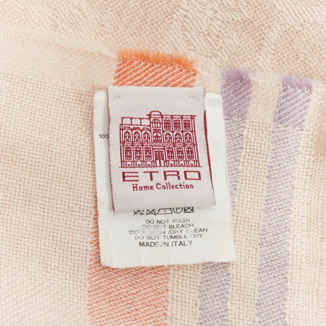 Etro ETRO Home Collection 100% merino wool beige logo stripes fringe scarf Size ONE SIZE - 7 Thumbnail
