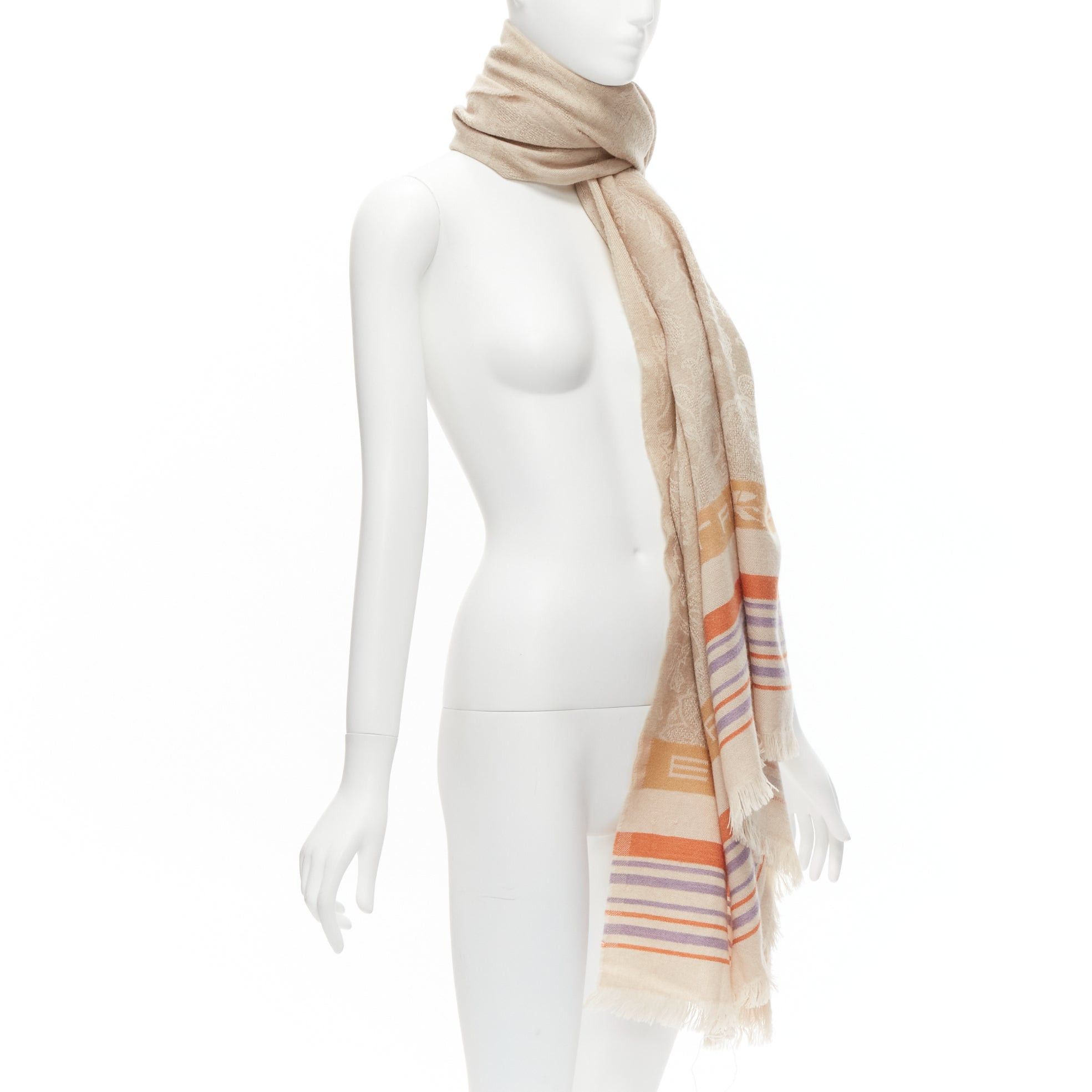 Etro ETRO Home Collection 100% merino wool beige logo stripes fringe scarf Size ONE SIZE - 3 Thumbnail