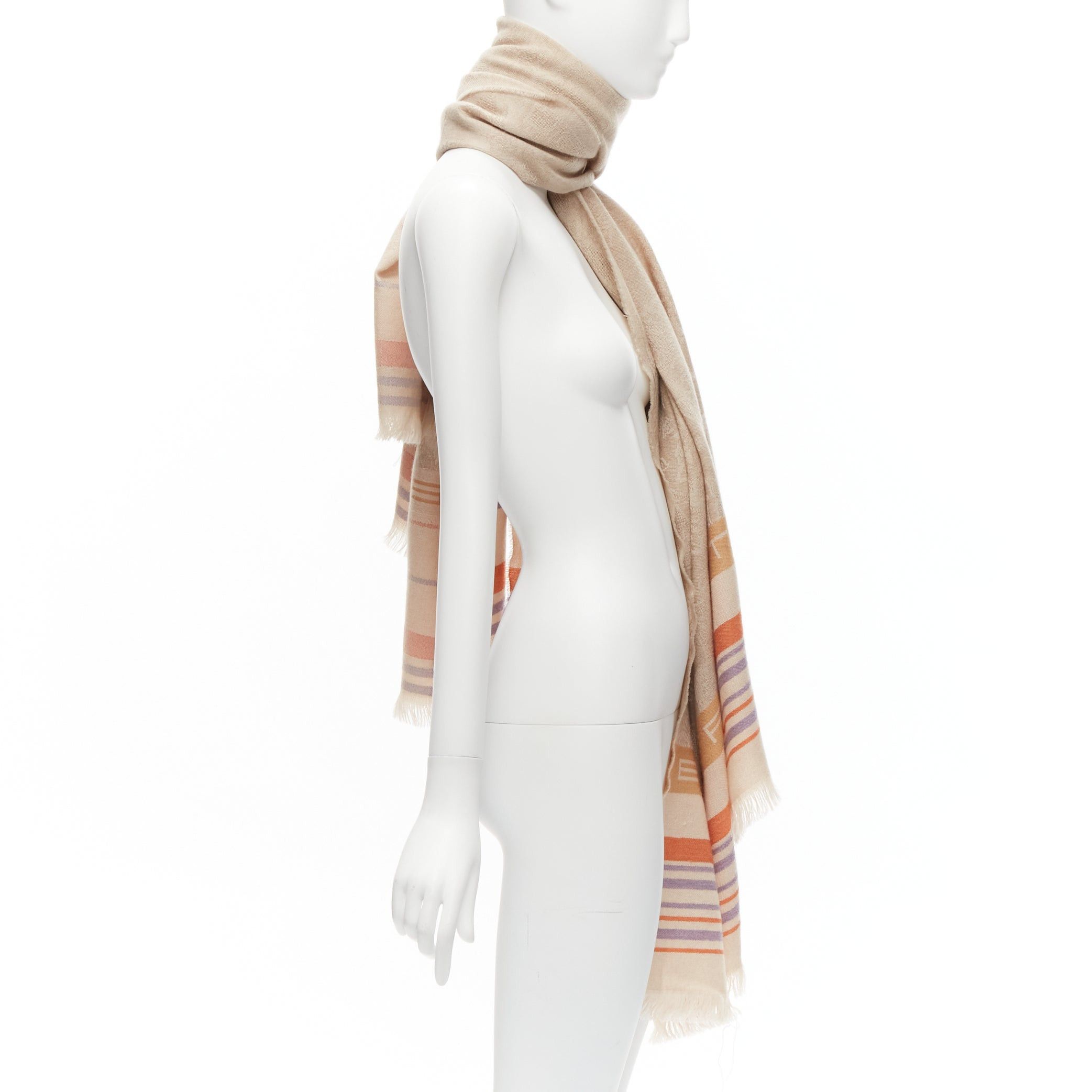 Etro ETRO Home Collection 100% merino wool beige logo stripes fringe scarf Size ONE SIZE - 4 Thumbnail