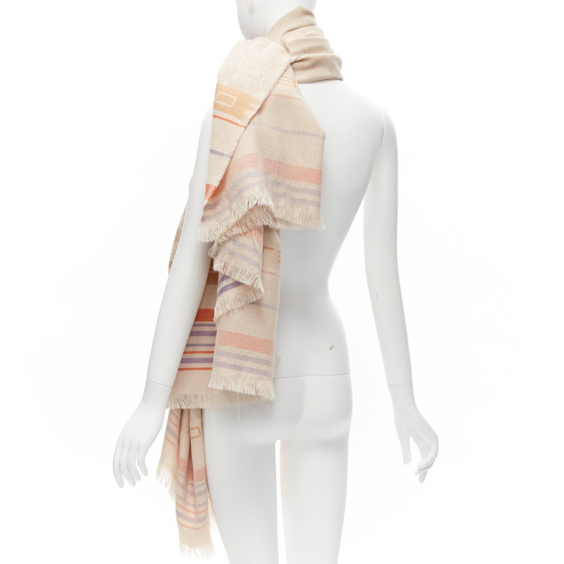 Etro ETRO Home Collection 100% merino wool beige logo stripes fringe scarf Size ONE SIZE - 6 Thumbnail