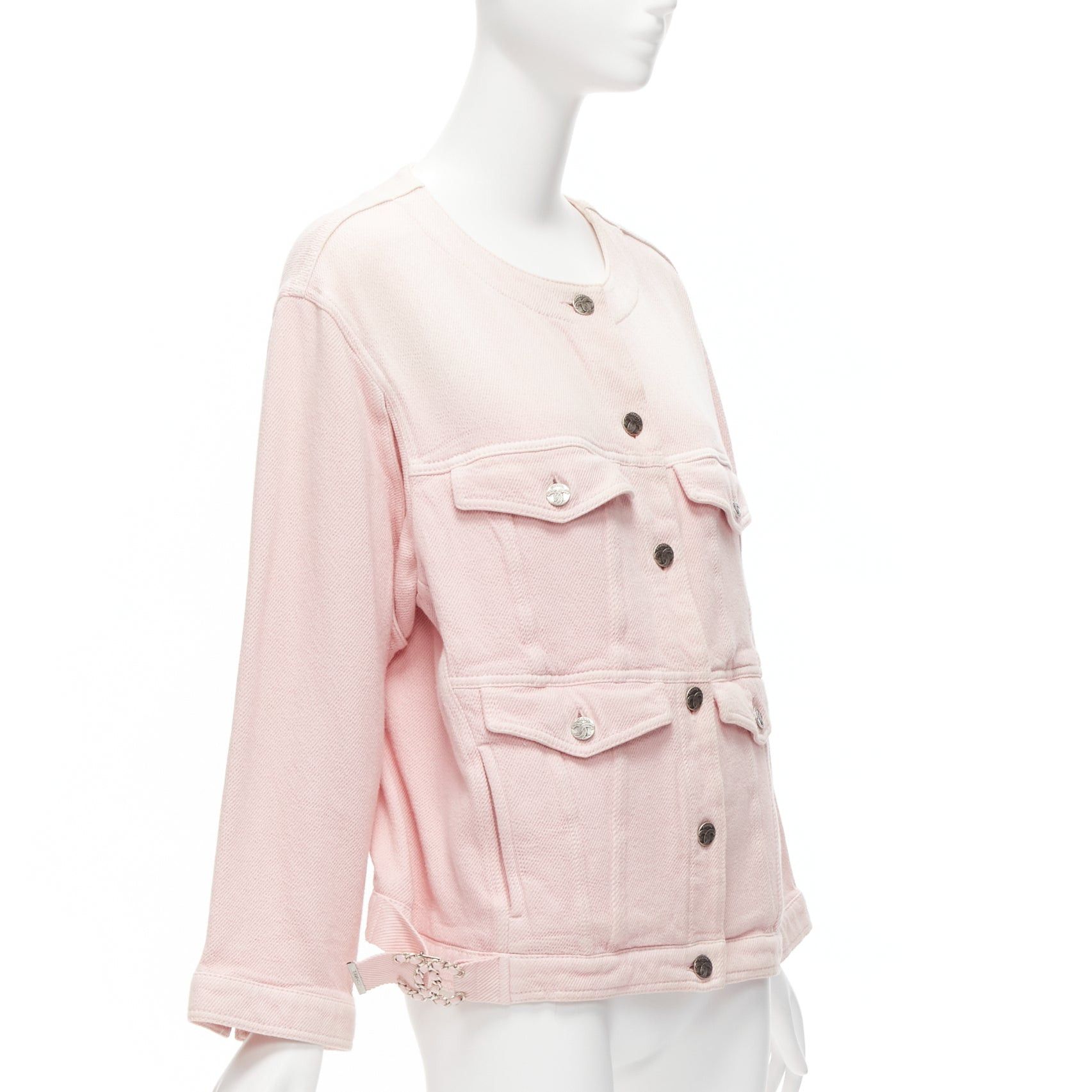 Chanel CHANEL 2019 pink cotton 4 pockets CC buttons collarless oversized trucker jacket FR34 XS Size XS / US 0-2 / IT 36-38 - 4 Thumbnail
