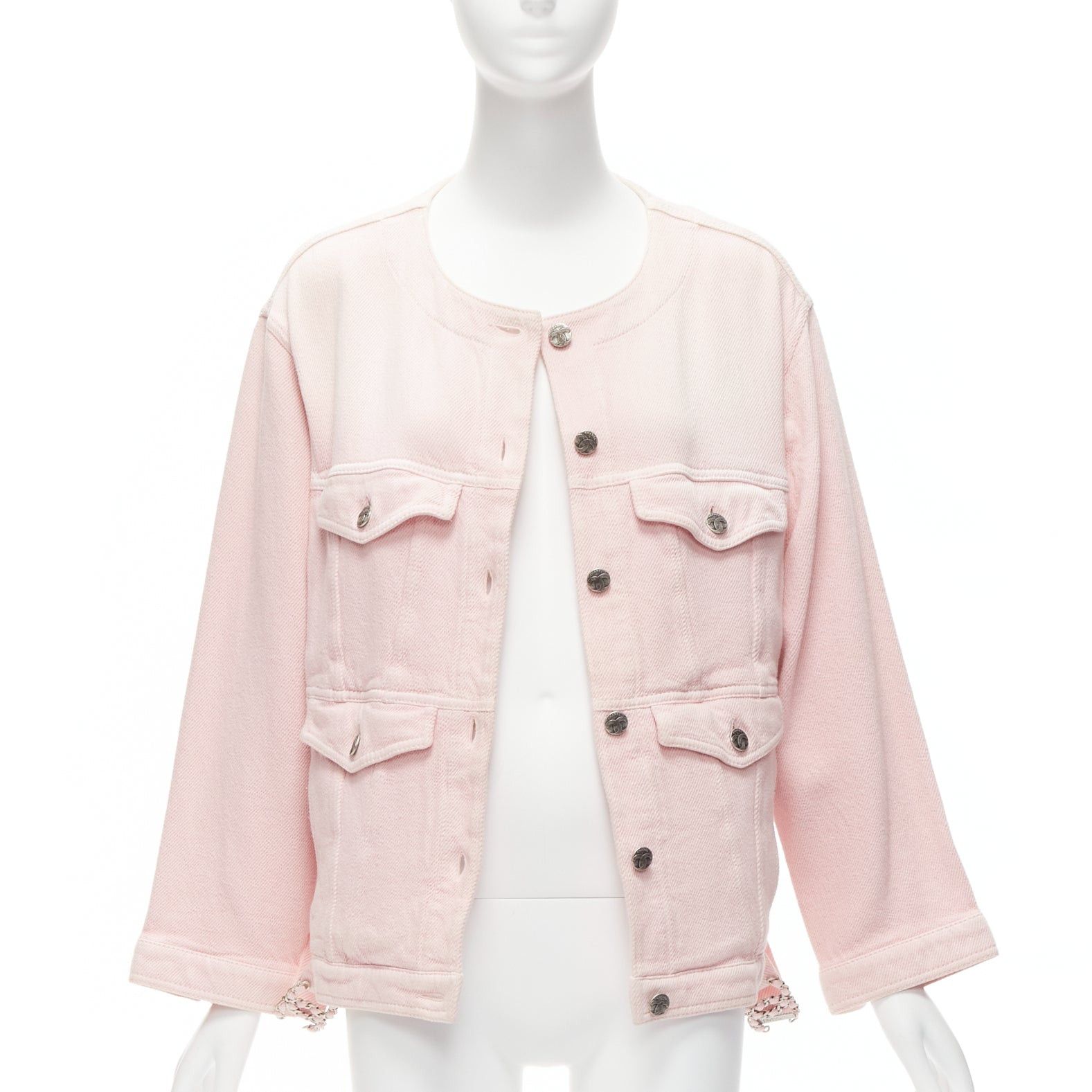 Chanel CHANEL 2019 pink cotton 4 pockets CC buttons collarless oversized trucker jacket FR34 XS Size XS / US 0-2 / IT 36-38 - 3 Thumbnail