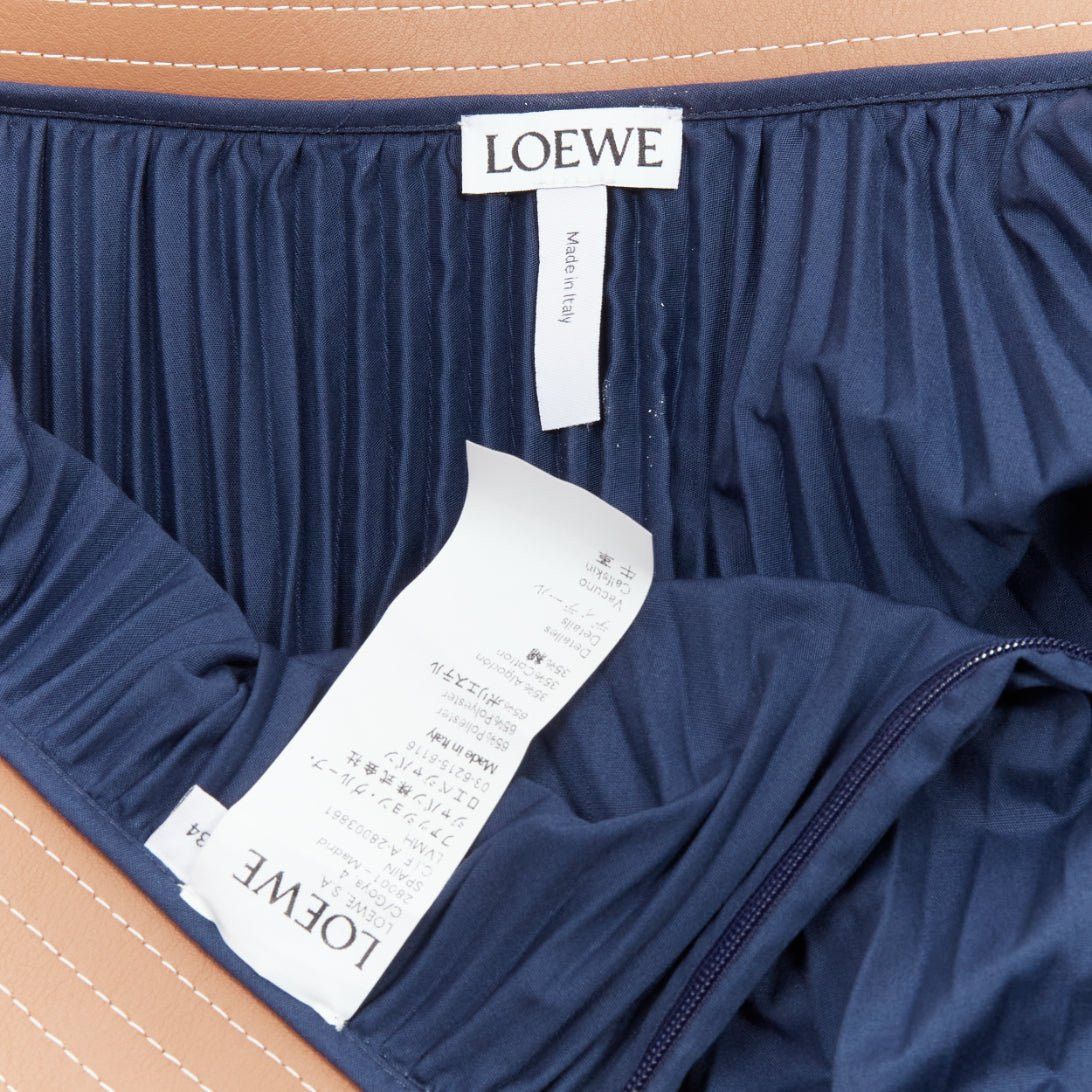 Loewe LOEWE brown cowhide leather white topstitched belt navy pleated midi skirt FR34 XS Size 26" / US 2 / IT 38 - 8 Thumbnail