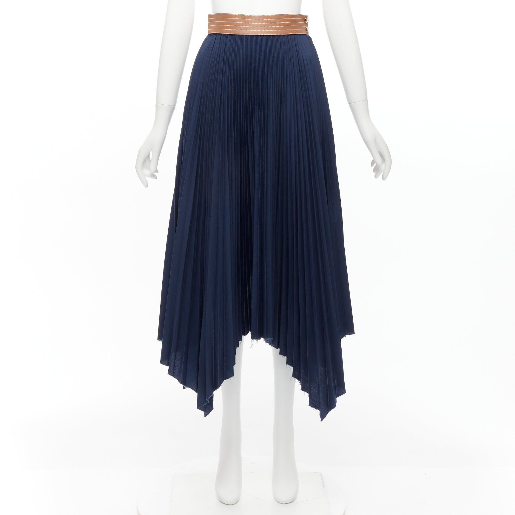Loewe LOEWE brown cowhide leather white topstitched belt navy pleated midi skirt FR34 XS Size 26" / US 2 / IT 38 - 9 Thumbnail