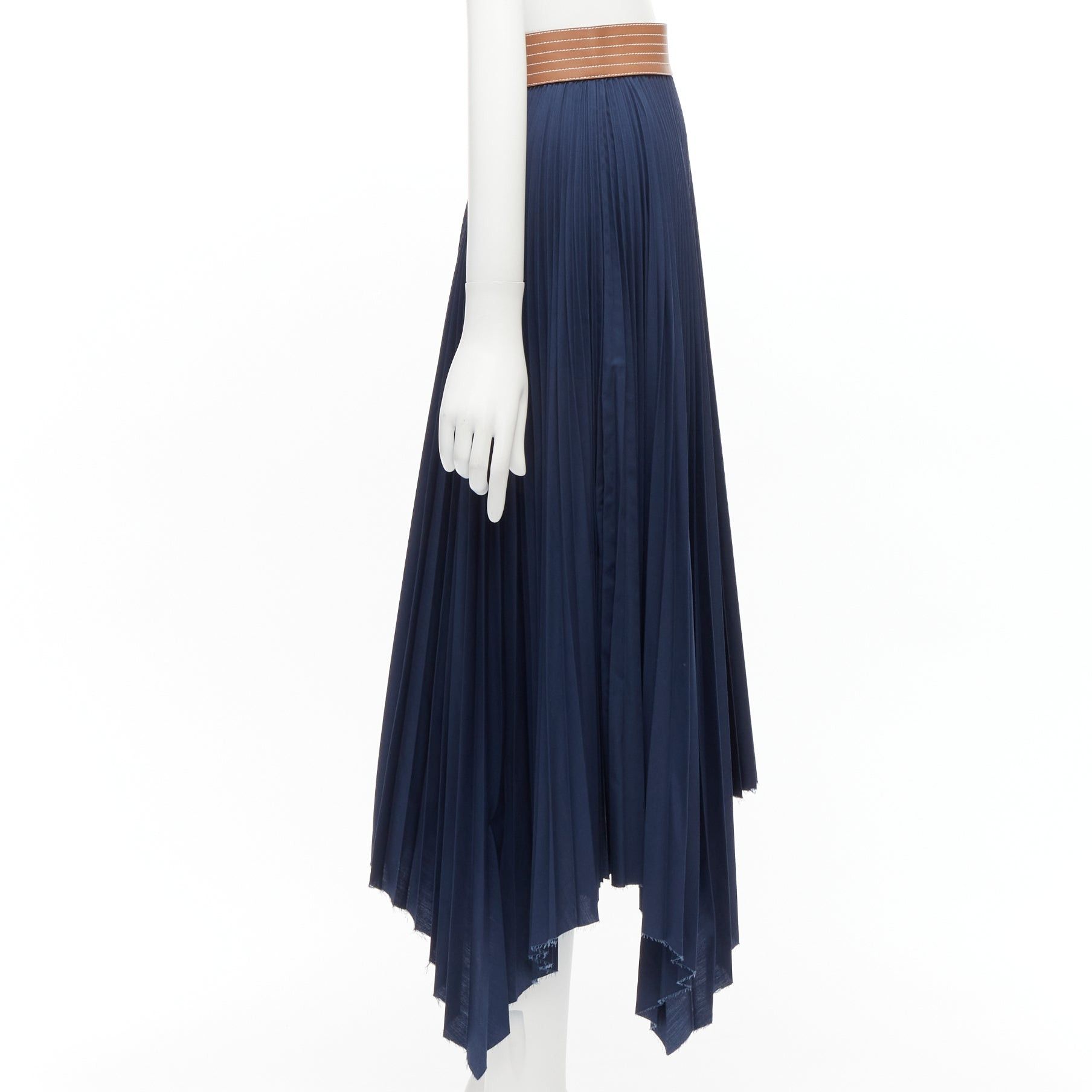 Loewe LOEWE brown cowhide leather white topstitched belt navy pleated midi skirt FR34 XS Size 26" / US 2 / IT 38 - 4 Thumbnail