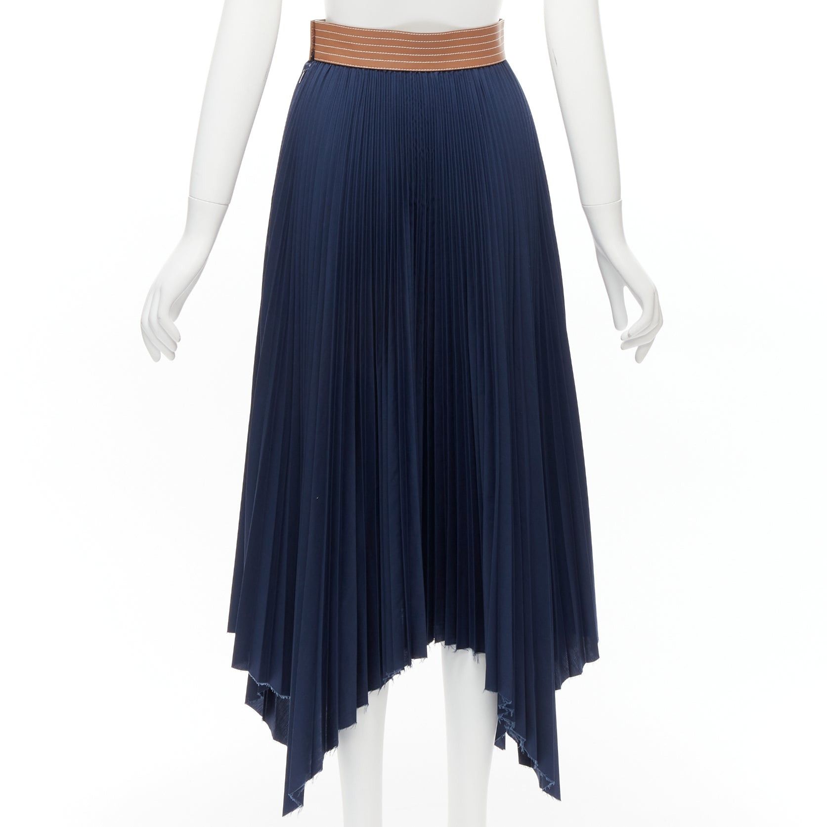 Loewe LOEWE brown cowhide leather white topstitched belt navy pleated midi skirt FR34 XS Size 26" / US 2 / IT 38 - 5 Thumbnail