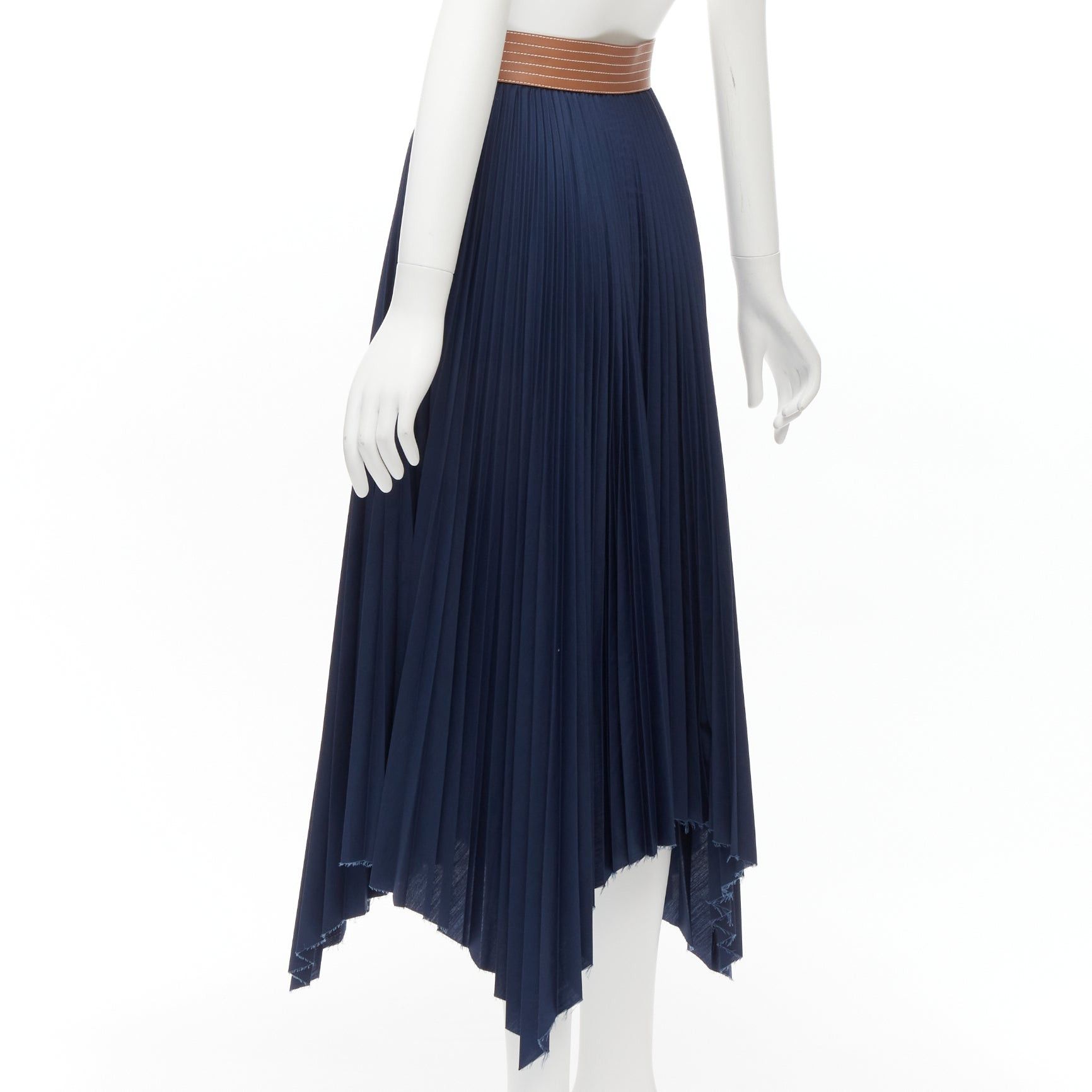 Loewe LOEWE brown cowhide leather white topstitched belt navy pleated midi skirt FR34 XS Size 26" / US 2 / IT 38 - 6 Thumbnail