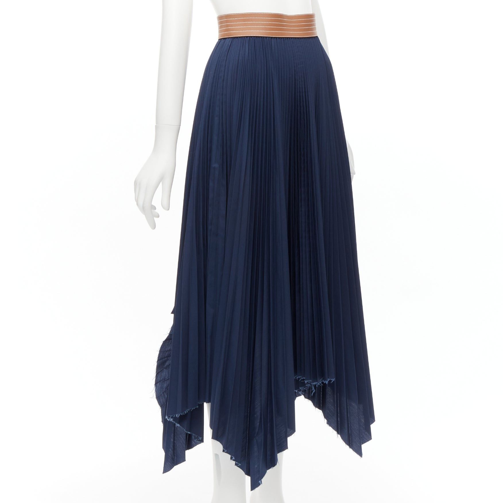 Loewe LOEWE brown cowhide leather white topstitched belt navy pleated midi skirt FR34 XS Size 26" / US 2 / IT 38 - 3 Thumbnail