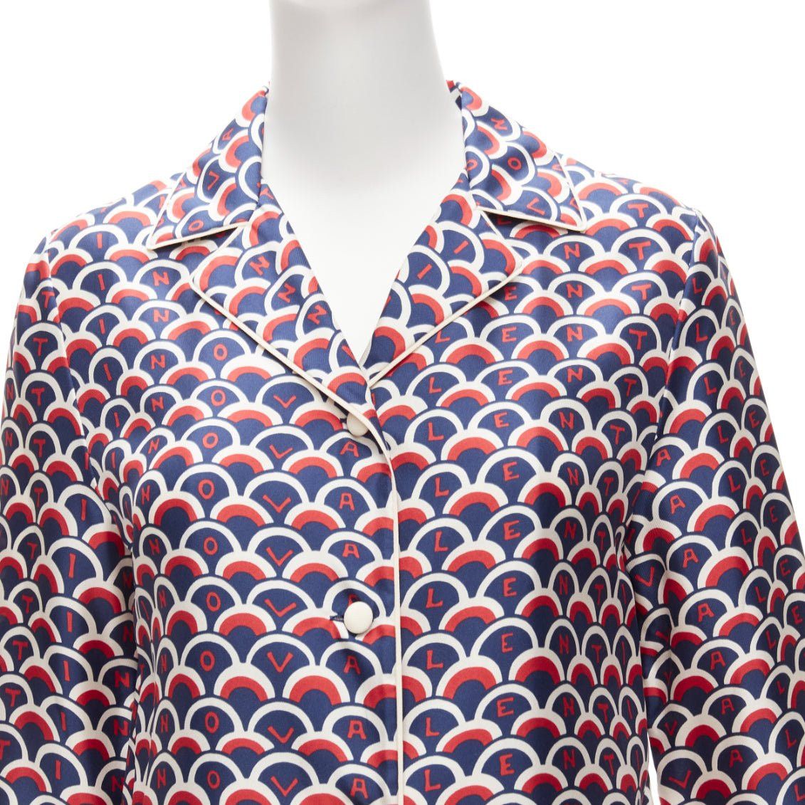 Valentino VALENTINO 100% silk Scale navy red logo print pajama shirt IT36 XXS Size XS / US 0-2 / IT 36-38 - 7 Thumbnail