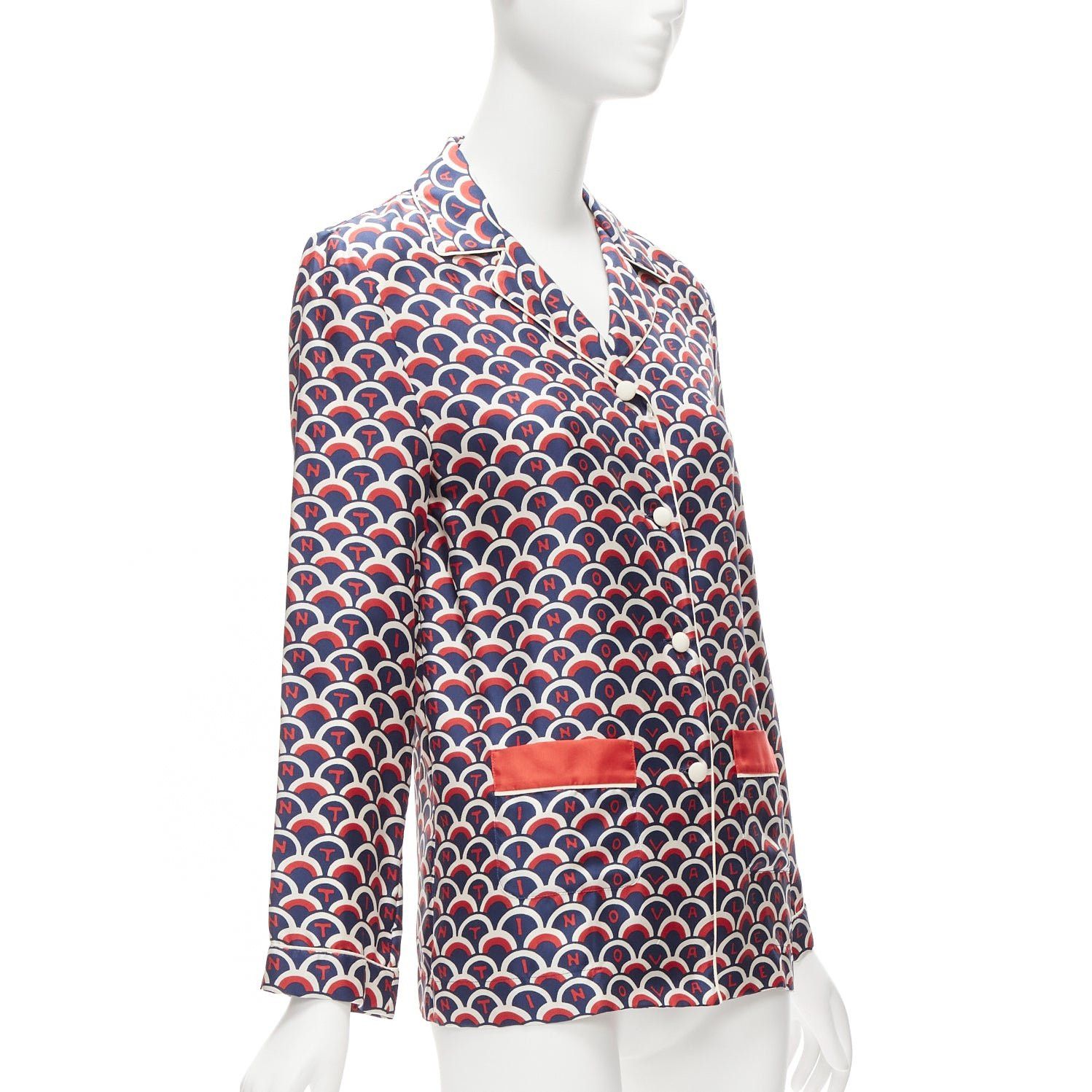 Valentino VALENTINO 100% silk Scale navy red logo print pajama shirt IT36 XXS Size XS / US 0-2 / IT 36-38 - 3 Thumbnail