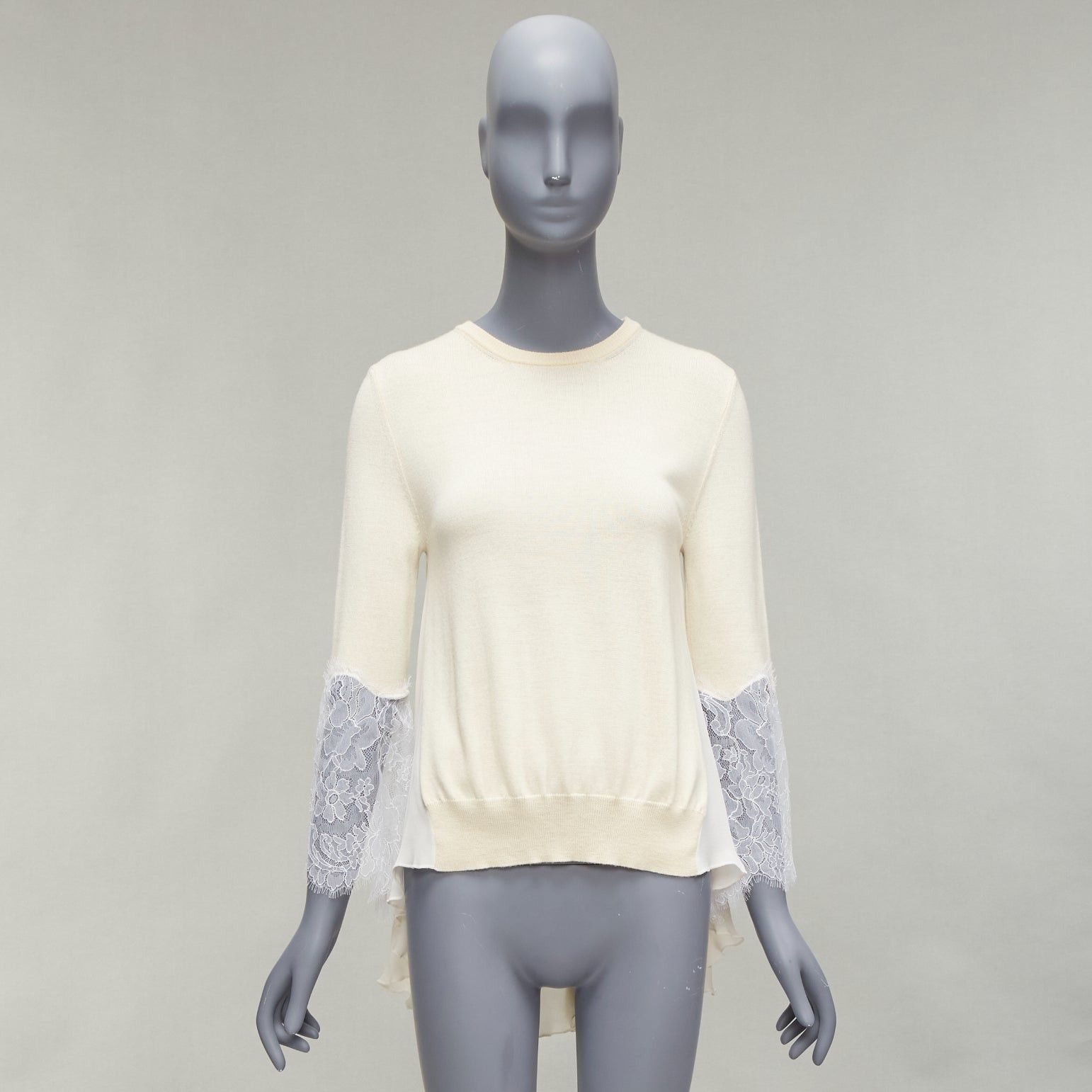 Oscar De La Renta OSCAR DE LA RENTA cream lace flare sleeve chiffon insert hi low hem sweater XS Size XS / US 0-2 / IT 36-38 - 9 Thumbnail