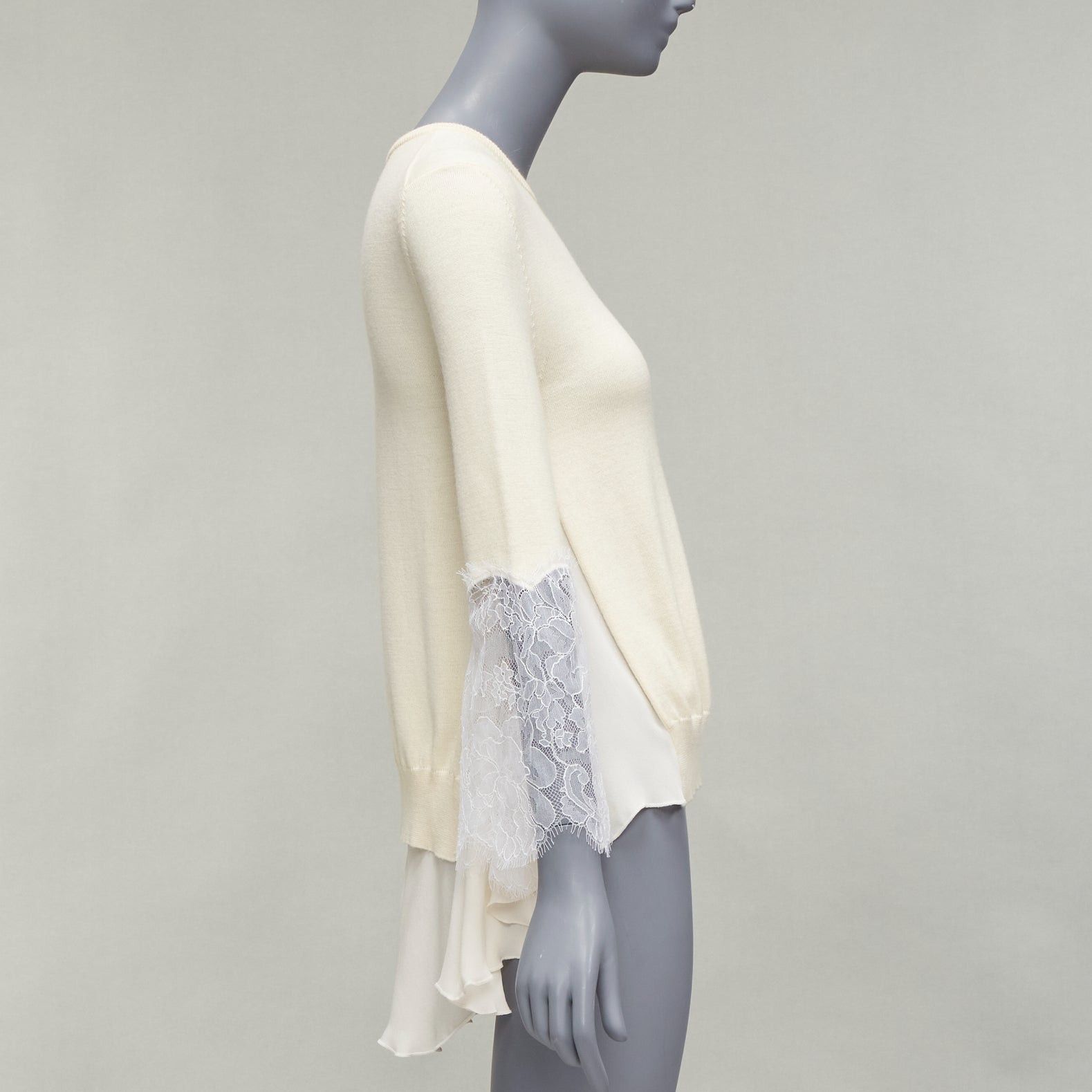 Oscar De La Renta OSCAR DE LA RENTA cream lace flare sleeve chiffon insert hi low hem sweater XS Size XS / US 0-2 / IT 36-38 - 5 Thumbnail