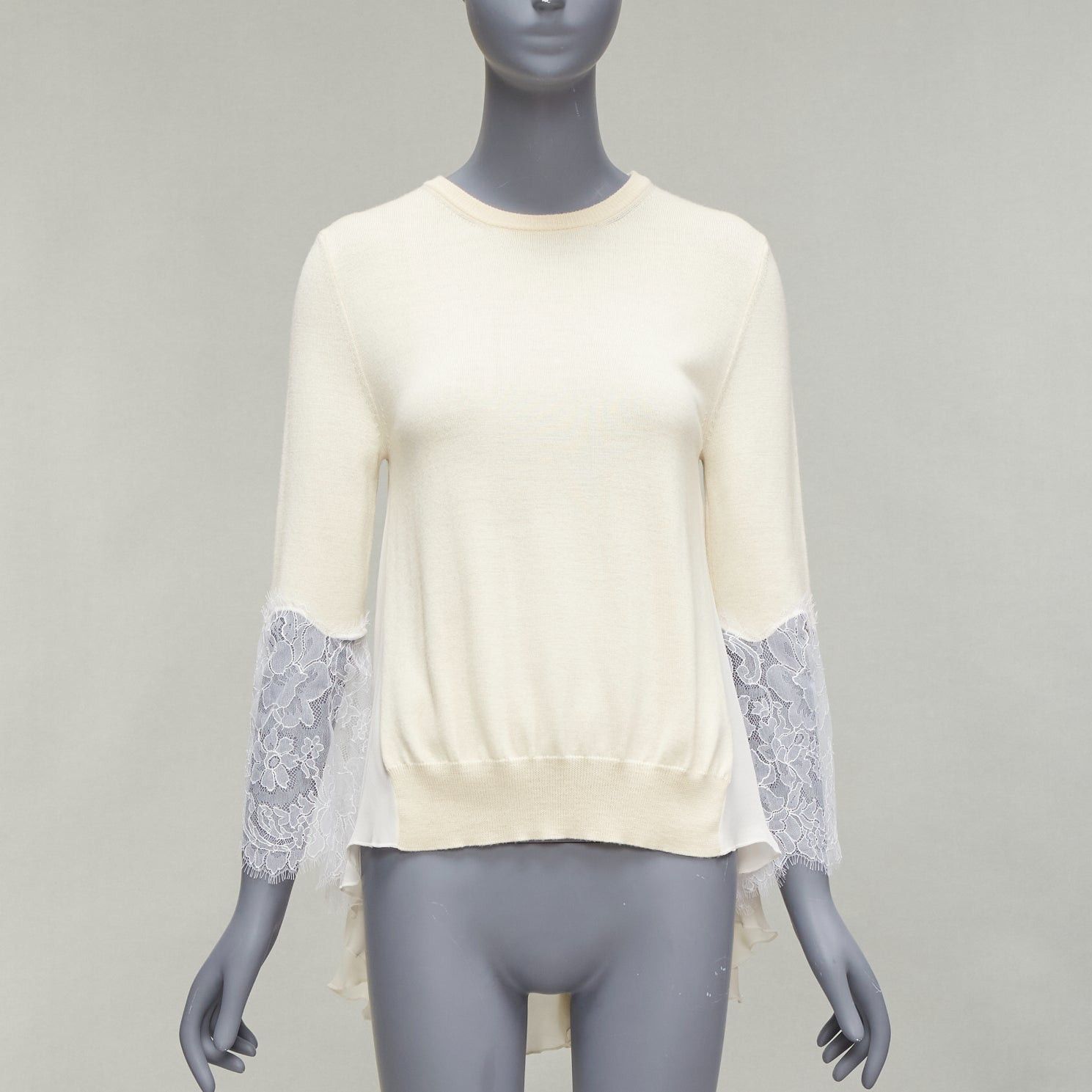 Oscar De La Renta OSCAR DE LA RENTA cream lace flare sleeve chiffon insert hi low hem sweater XS Size XS / US 0-2 / IT 36-38 - 3 Thumbnail