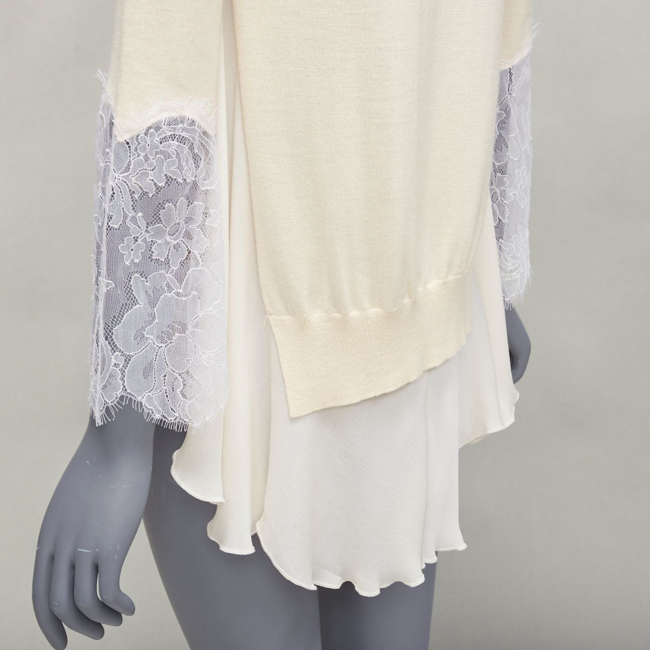 Oscar De La Renta OSCAR DE LA RENTA cream lace flare sleeve chiffon insert hi low hem sweater XS Size XS / US 0-2 / IT 36-38 - 7 Thumbnail