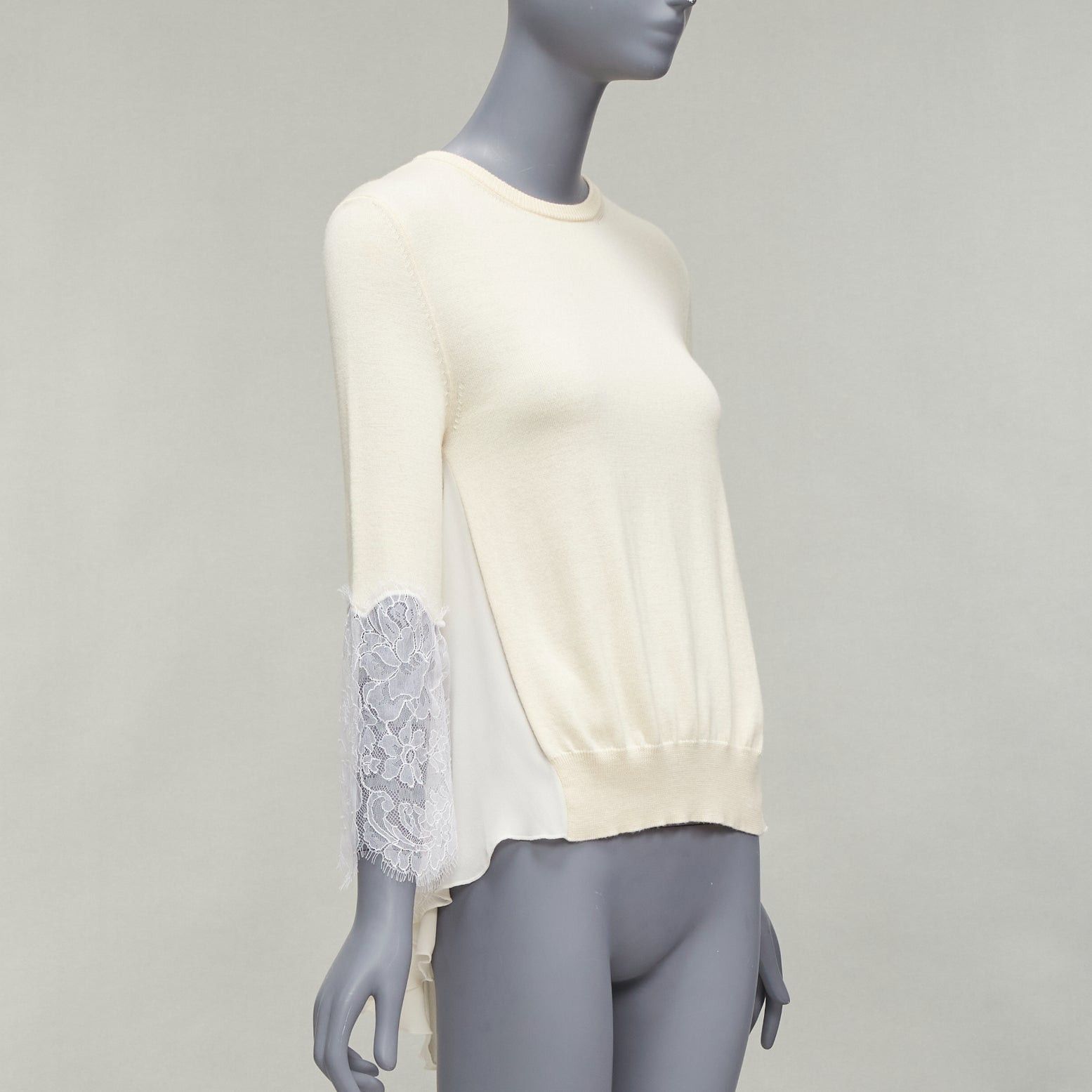 Oscar De La Renta OSCAR DE LA RENTA cream lace flare sleeve chiffon insert hi low hem sweater XS Size XS / US 0-2 / IT 36-38 - 4 Thumbnail