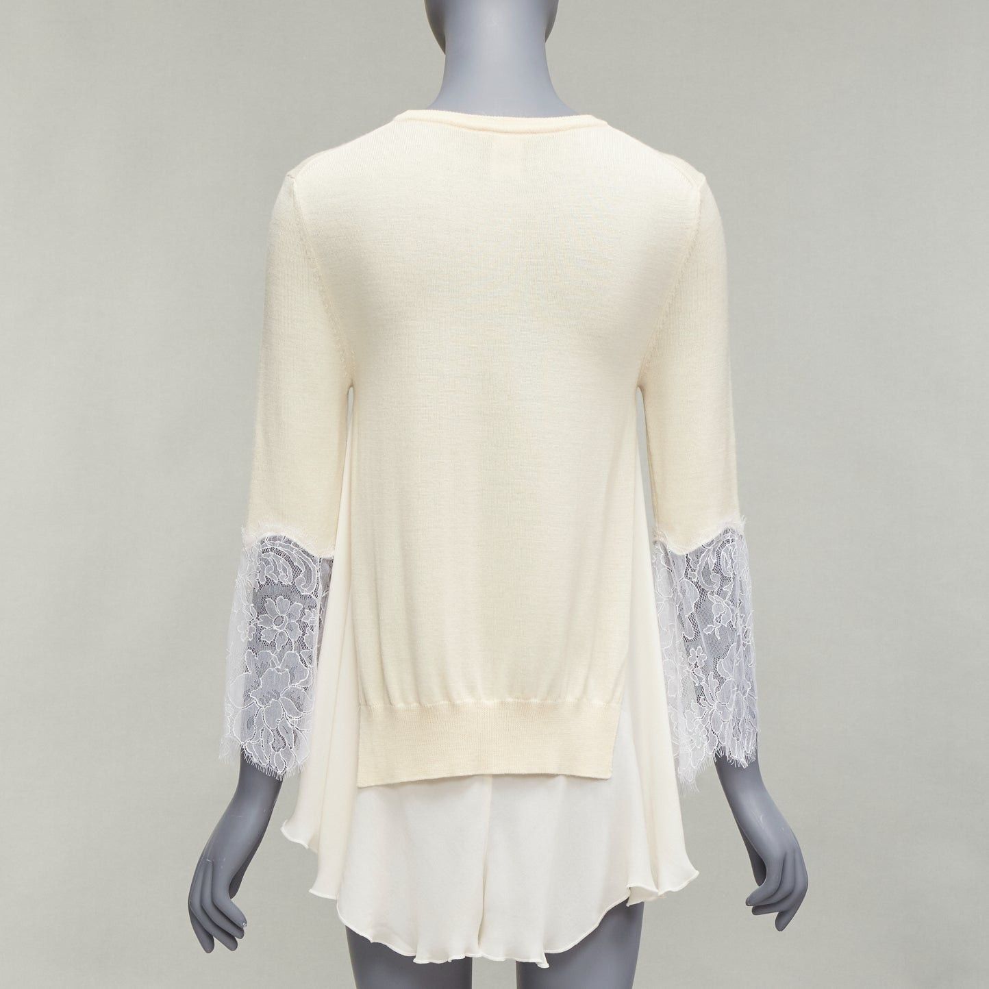 Oscar De La Renta OSCAR DE LA RENTA cream lace flare sleeve chiffon insert hi low hem sweater XS Size XS / US 0-2 / IT 36-38 - 6 Thumbnail