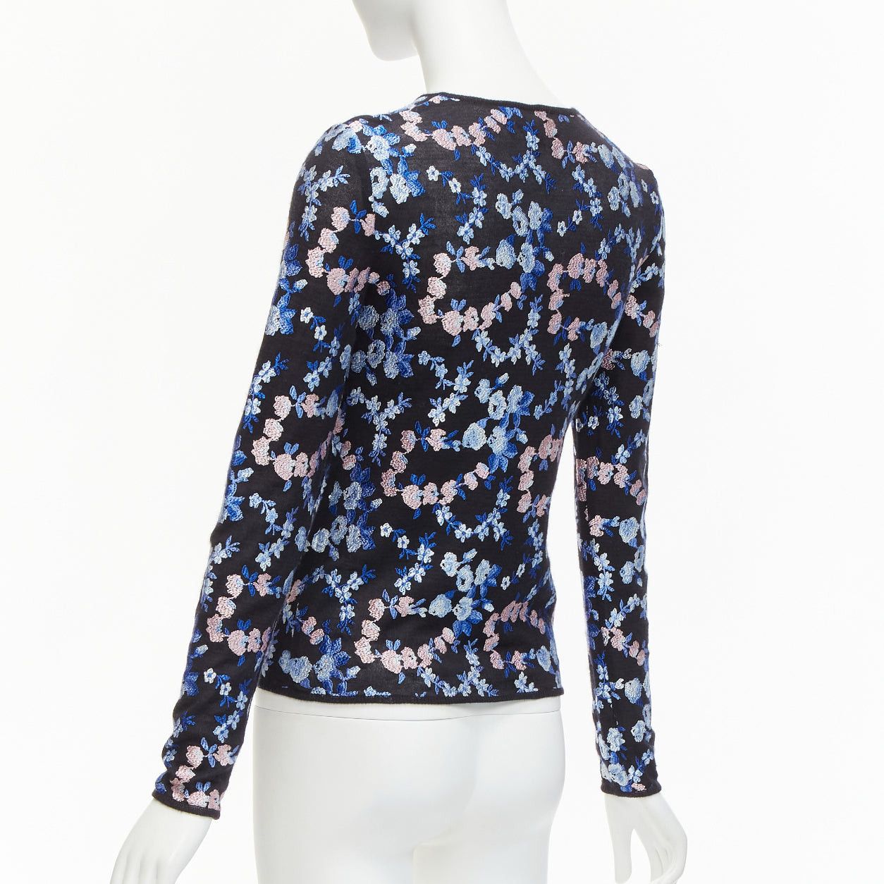 Giambattista Valli GIAMBATTISTA VALLI black cashmere silk blue pink flower embroidery top IT38 XS Size XS / US 0-2 / IT 36-38 - 6 Thumbnail
