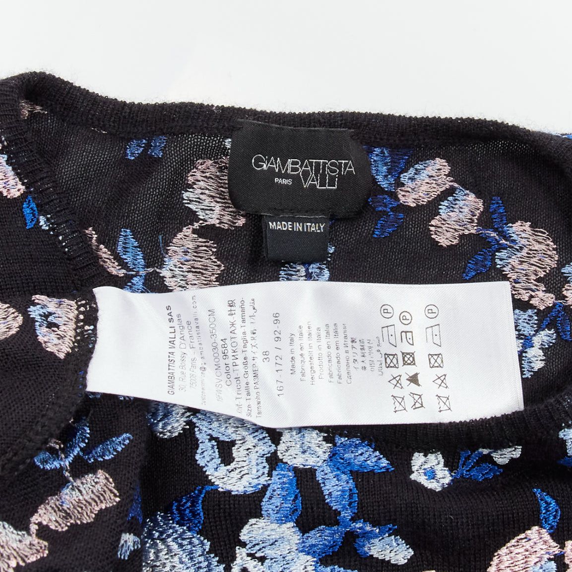 Giambattista Valli GIAMBATTISTA VALLI black cashmere silk blue pink flower embroidery top IT38 XS Size XS / US 0-2 / IT 36-38 - 8 Thumbnail