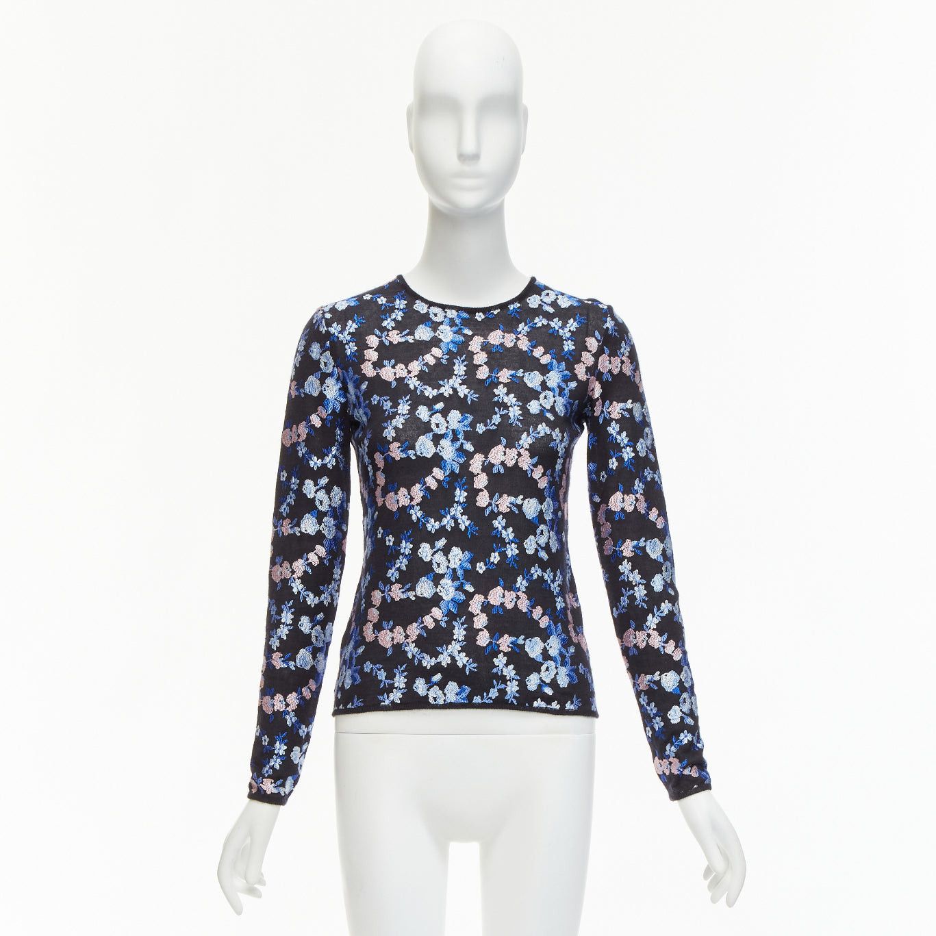 Giambattista Valli GIAMBATTISTA VALLI black cashmere silk blue pink flower embroidery top IT38 XS Size XS / US 0-2 / IT 36-38 - 9 Thumbnail