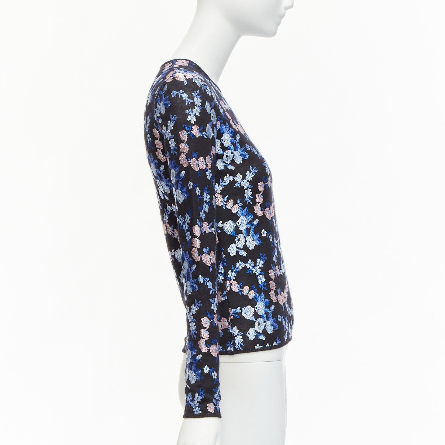 Giambattista Valli GIAMBATTISTA VALLI black cashmere silk blue pink flower embroidery top IT38 XS Size XS / US 0-2 / IT 36-38 - 4 Thumbnail