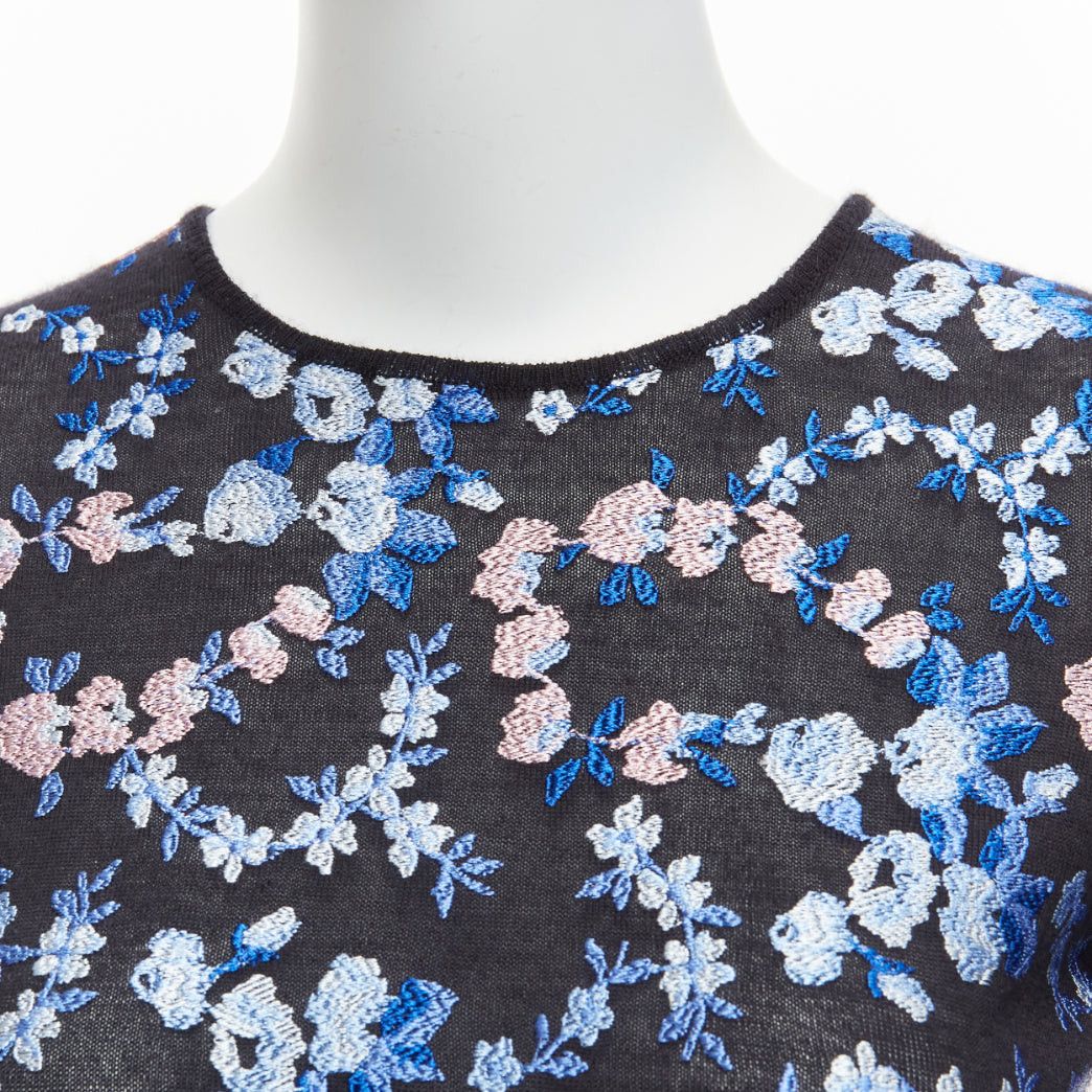 Giambattista Valli GIAMBATTISTA VALLI black cashmere silk blue pink flower embroidery top IT38 XS Size XS / US 0-2 / IT 36-38 - 2 Thumbnail
