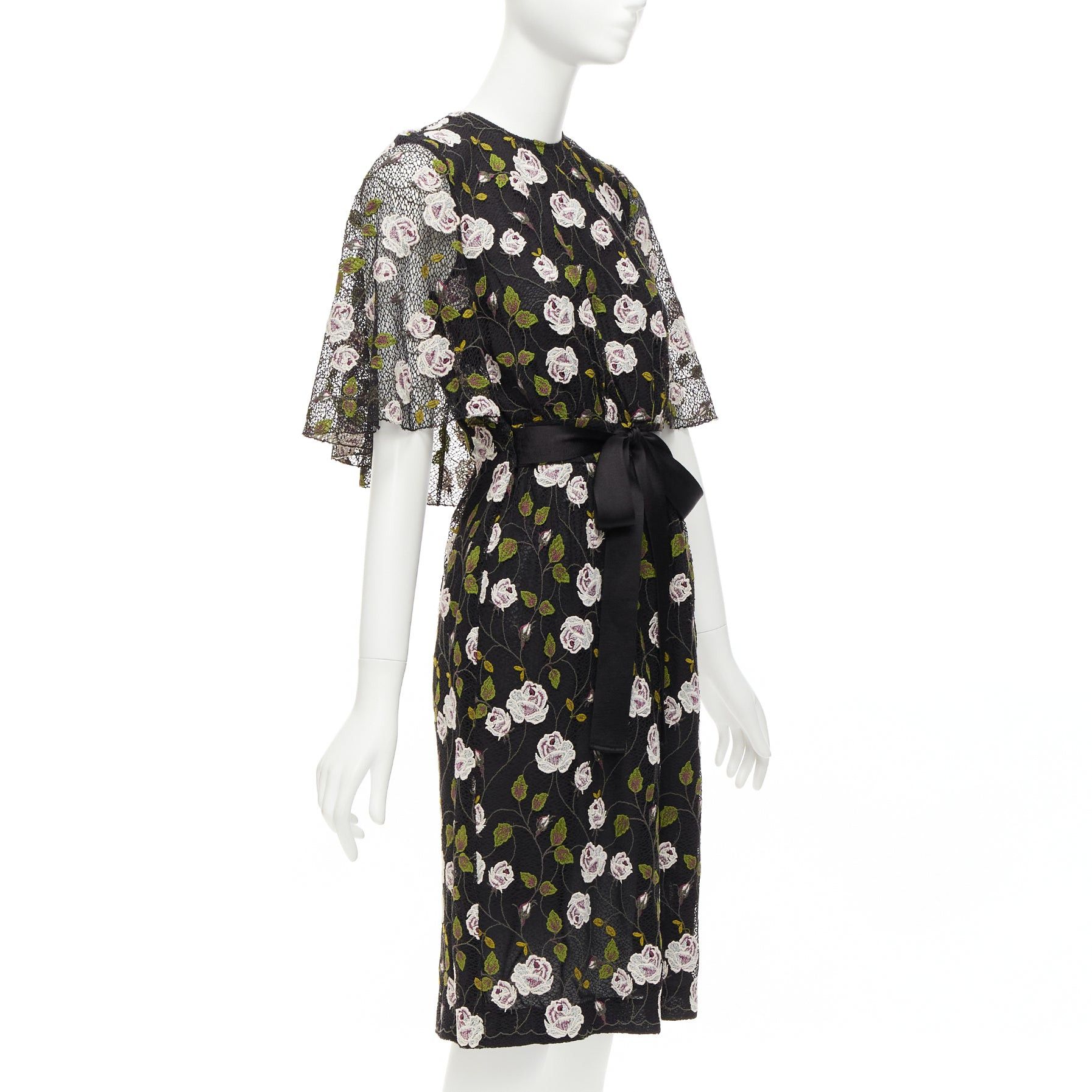 Giambattista Valli GIAMBATTISTA VALLI black pink floral lace cape back belt tie dress IT38 XS Size XS / US 0-2 / IT 36-38 - 3 Thumbnail