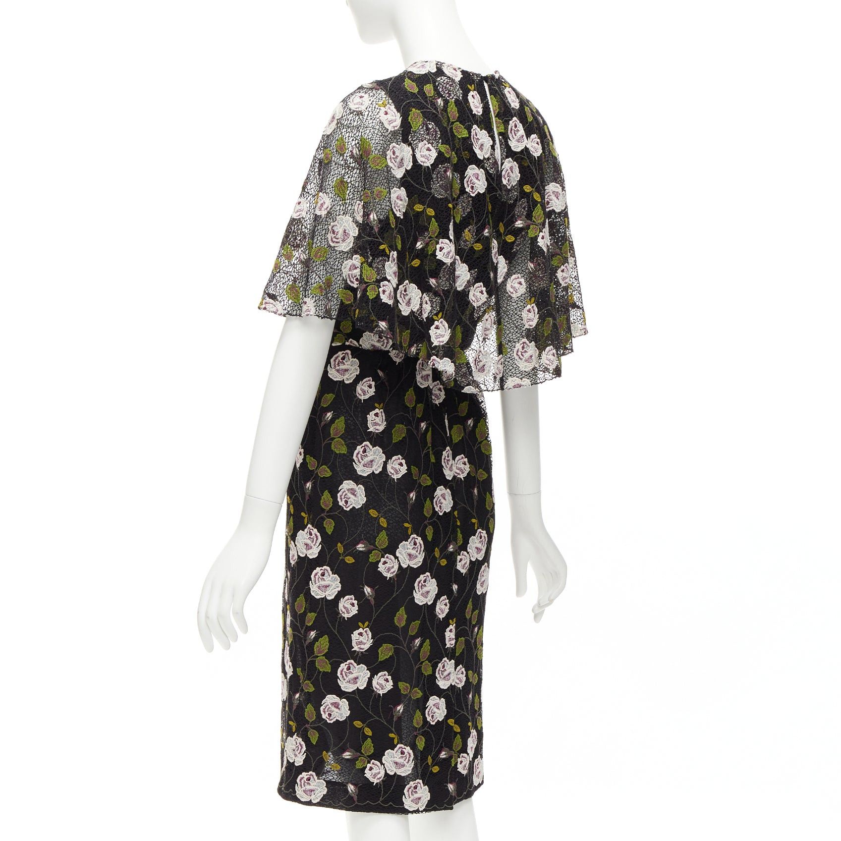 Giambattista Valli GIAMBATTISTA VALLI black pink floral lace cape back belt tie dress IT38 XS Size XS / US 0-2 / IT 36-38 - 6 Thumbnail