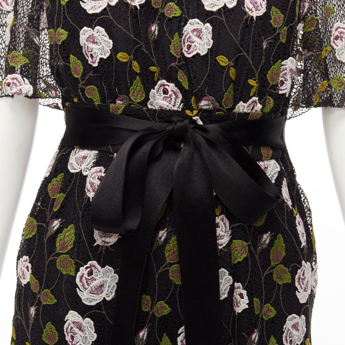 Giambattista Valli GIAMBATTISTA VALLI black pink floral lace cape back belt tie dress IT38 XS Size XS / US 0-2 / IT 36-38 - 2 Thumbnail
