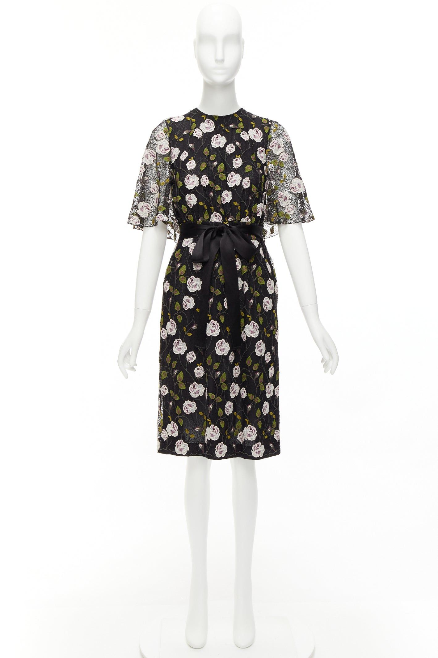 Giambattista Valli GIAMBATTISTA VALLI black pink floral lace cape back belt tie dress IT38 XS Size XS / US 0-2 / IT 36-38 - 9 Thumbnail