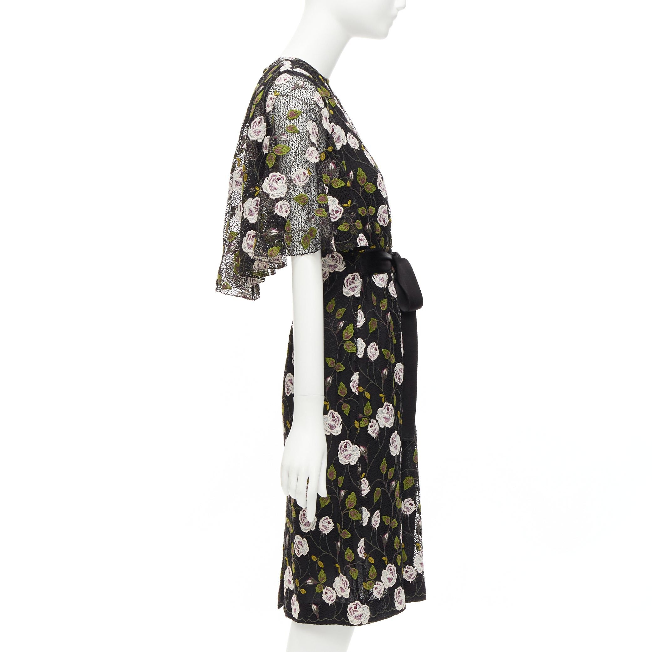 Giambattista Valli GIAMBATTISTA VALLI black pink floral lace cape back belt tie dress IT38 XS Size XS / US 0-2 / IT 36-38 - 4 Thumbnail