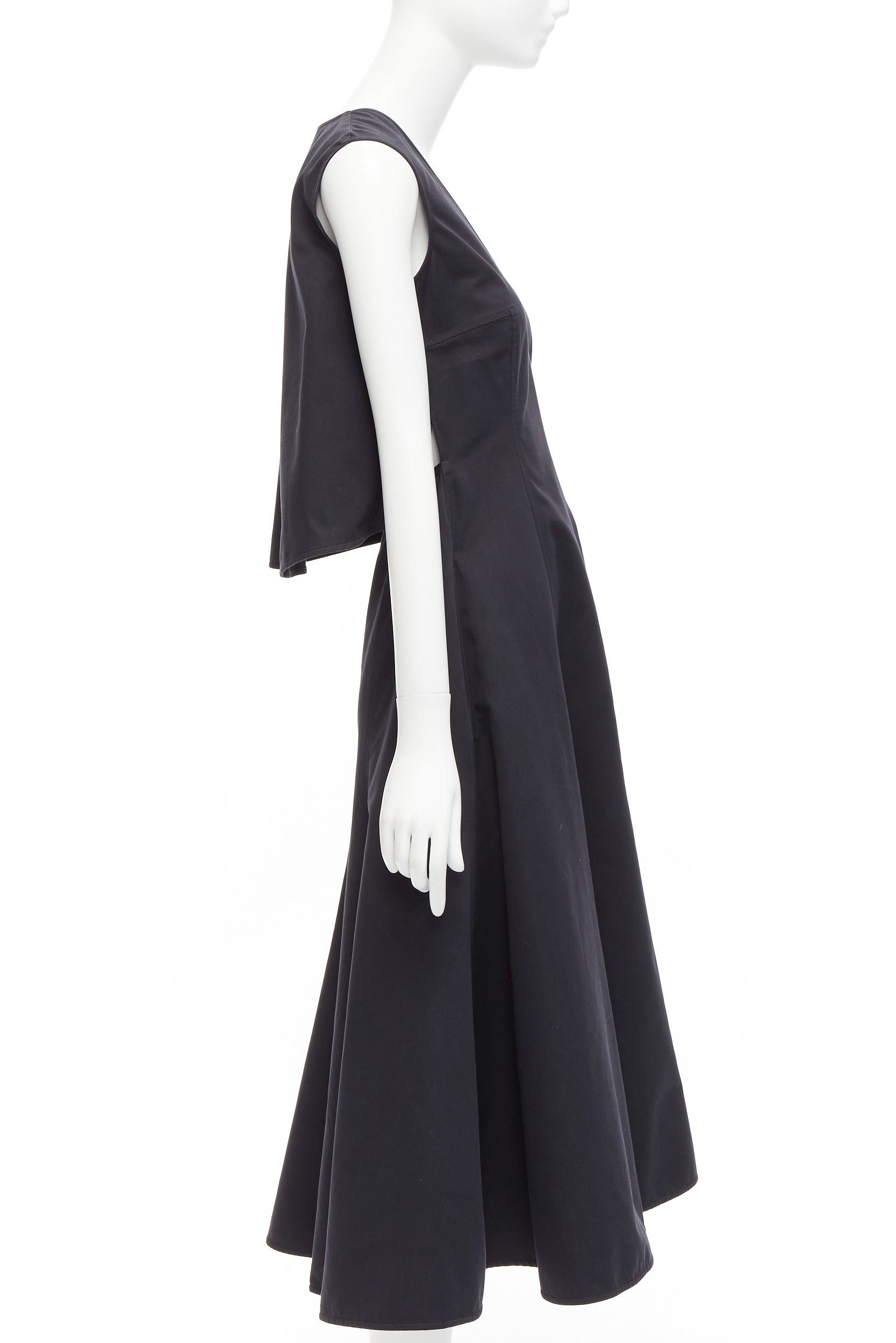 Jil Sander JIL SANDER black cotton silk cape back cut out V-neck Aline midi dress FR32 XXS Size XS / US 0-2 / IT 36-38 - 3 Thumbnail