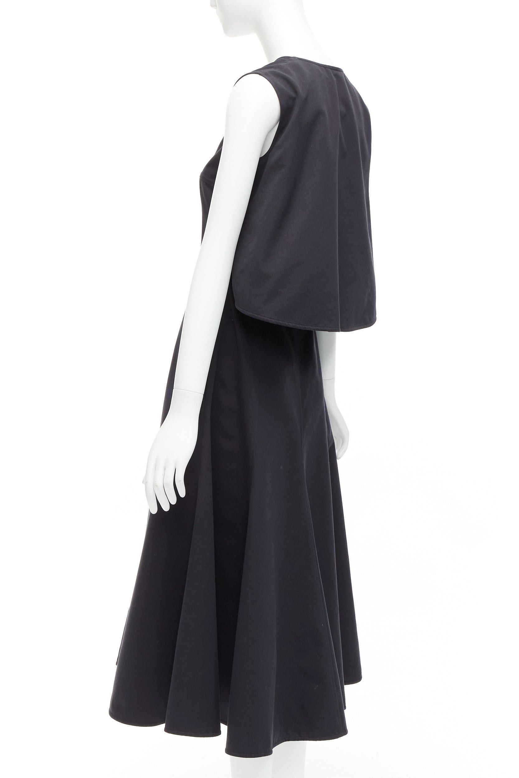 Jil Sander JIL SANDER black cotton silk cape back cut out V-neck Aline midi dress FR32 XXS Size XS / US 0-2 / IT 36-38 - 5 Thumbnail