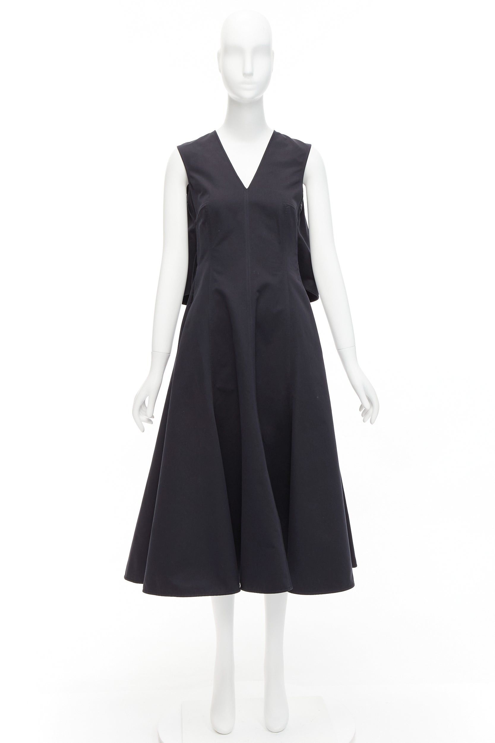 Jil Sander JIL SANDER black cotton silk cape back cut out V-neck Aline midi dress FR32 XXS Size XS / US 0-2 / IT 36-38 - 9 Thumbnail