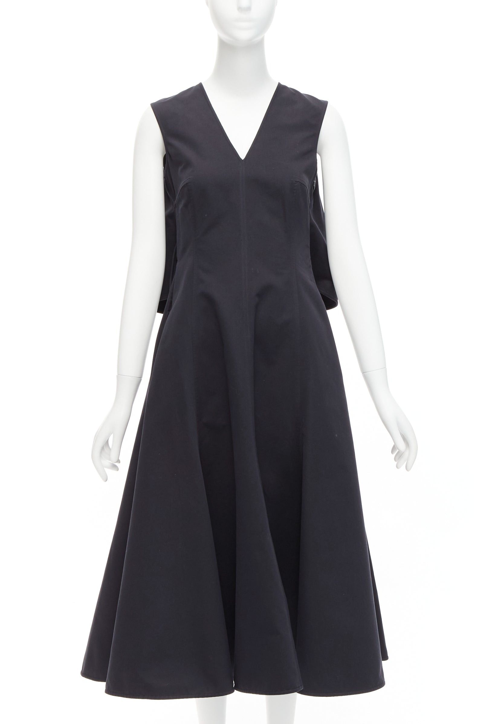 Jil Sander JIL SANDER black cotton silk cape back cut out V-neck Aline midi dress FR32 XXS Size XS / US 0-2 / IT 36-38 - 2 Thumbnail