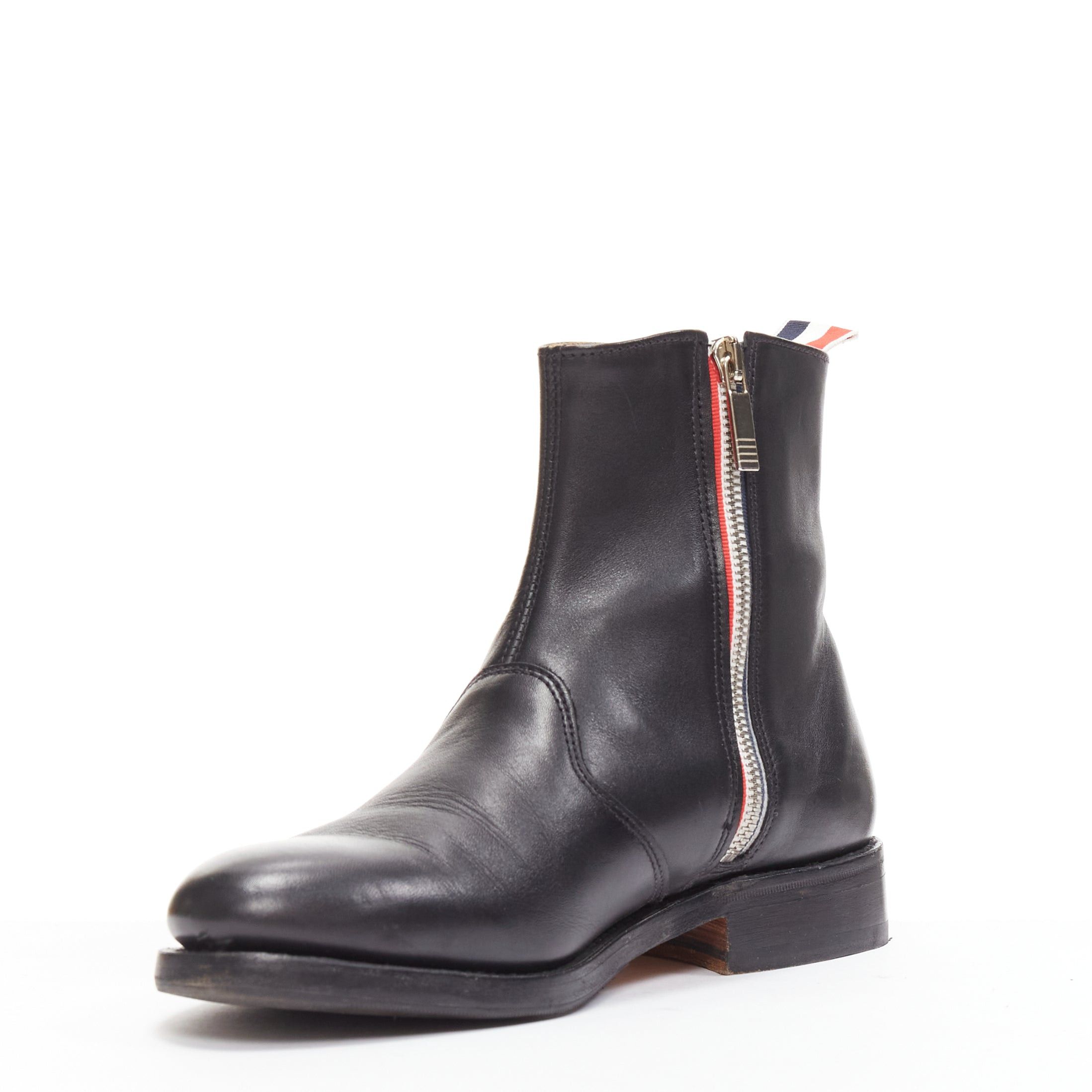 Thom Browne THOM BROWNE black leather red blue tab minimal zip ankle boots EU38 Size US 8 / IT 38 - 4 Thumbnail