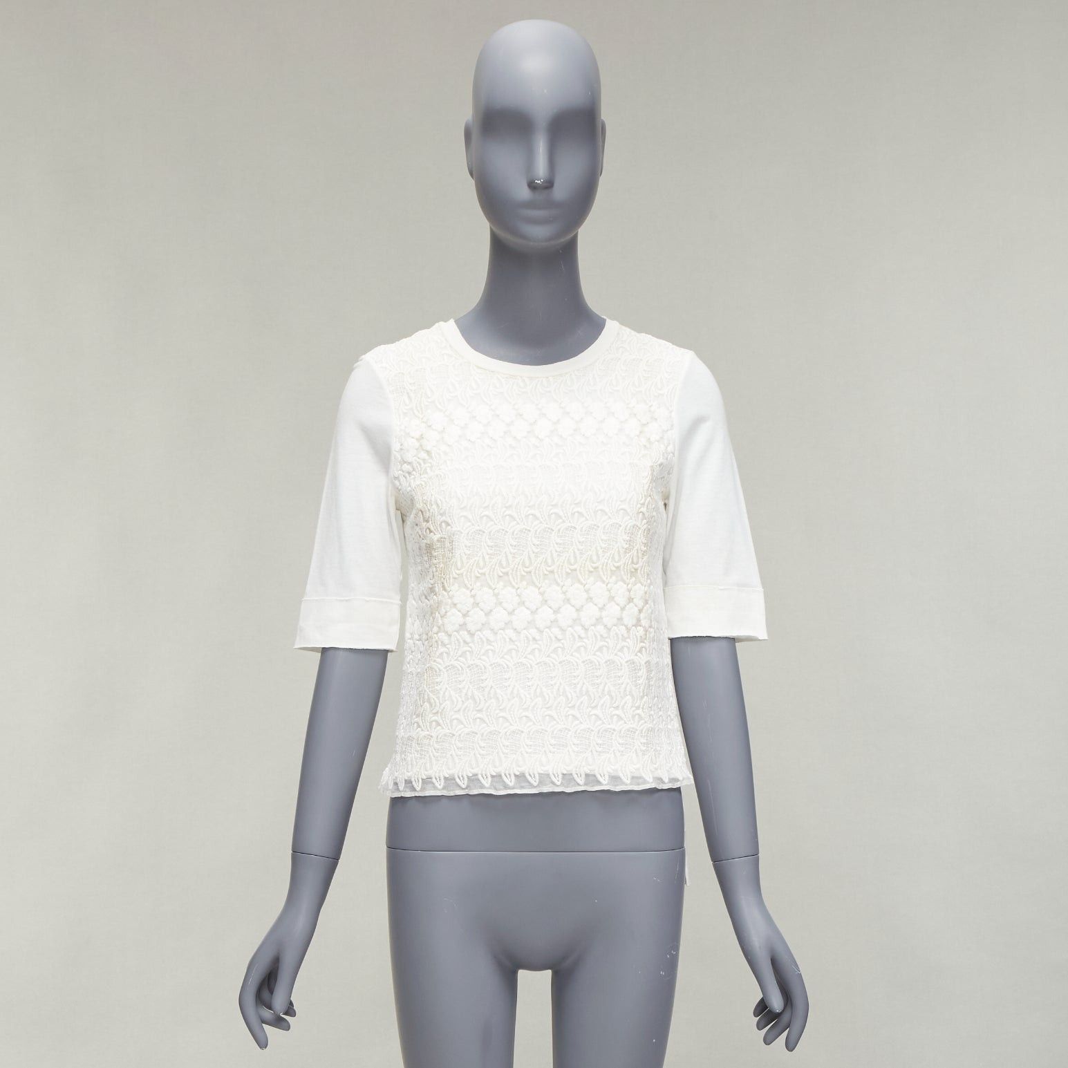 Giambattista Valli GIAMBATTISTA VALLI white cotton blend lace overlay front tshirt IT38 XS Size XS / US 0-2 / IT 36-38 - 9 Thumbnail