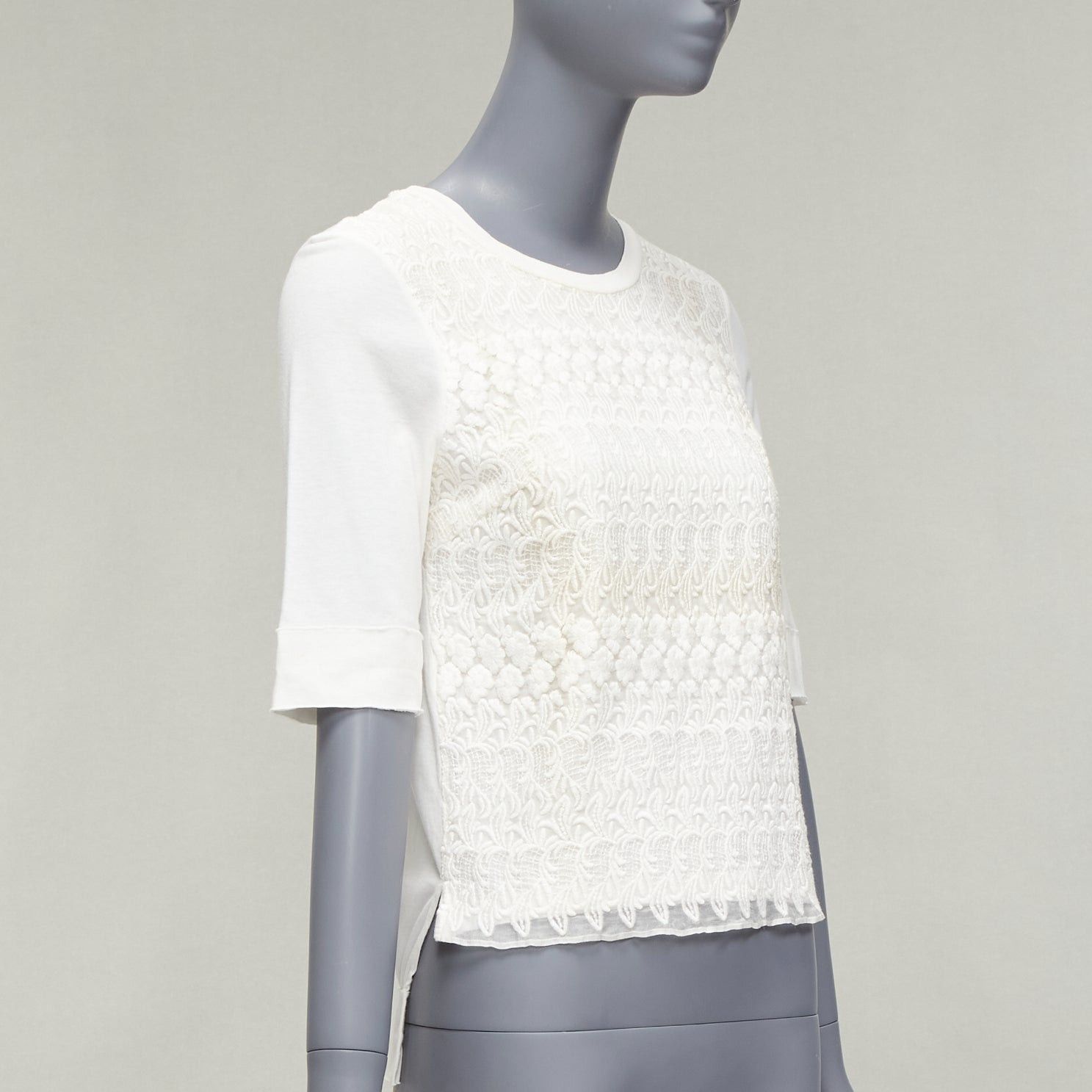Giambattista Valli GIAMBATTISTA VALLI white cotton blend lace overlay front tshirt IT38 XS Size XS / US 0-2 / IT 36-38 - 3 Thumbnail