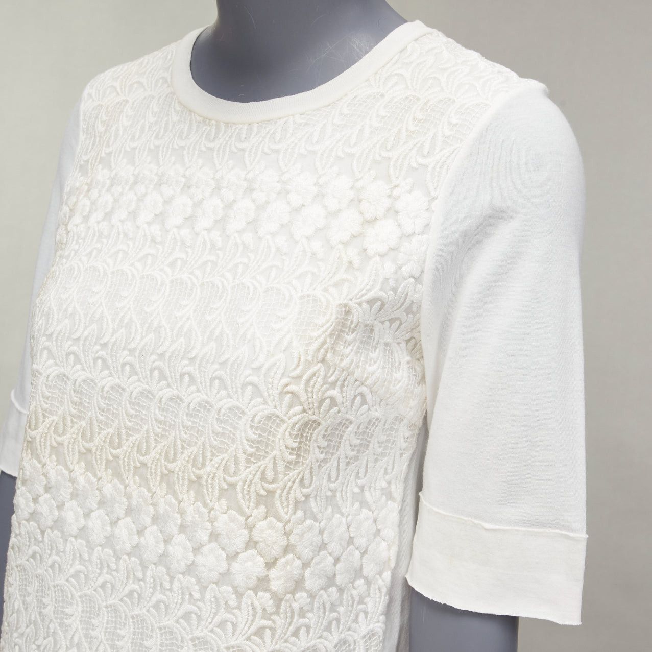 Giambattista Valli GIAMBATTISTA VALLI white cotton blend lace overlay front tshirt IT38 XS Size XS / US 0-2 / IT 36-38 - 7 Thumbnail