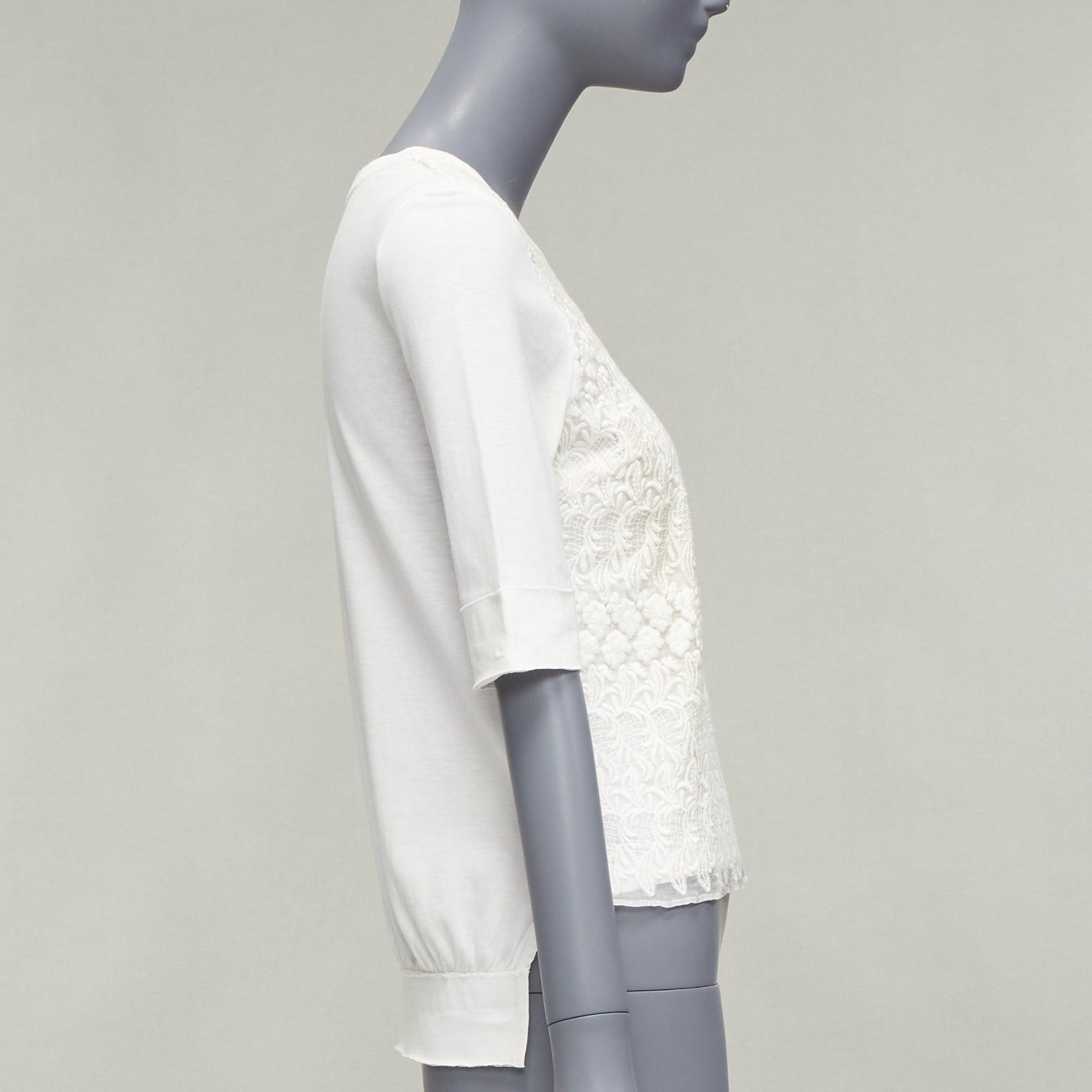 Giambattista Valli GIAMBATTISTA VALLI white cotton blend lace overlay front tshirt IT38 XS Size XS / US 0-2 / IT 36-38 - 4 Thumbnail