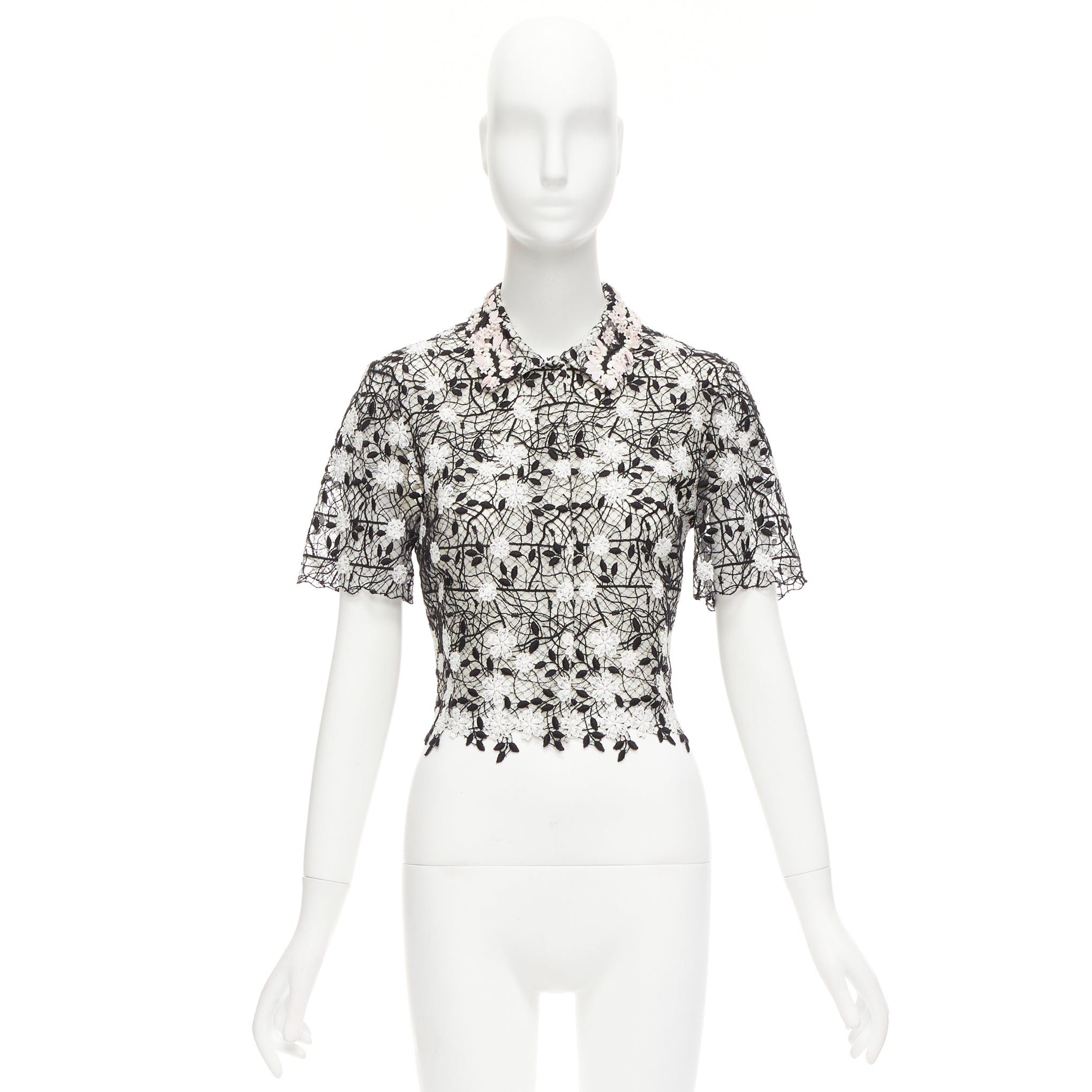 Giambattista Valli GIAMBATTISTA VALLI black cotton blend lace pink applique cropped shirt IT38 XS Size XS / US 0-2 / IT 36-38 - 9 Thumbnail