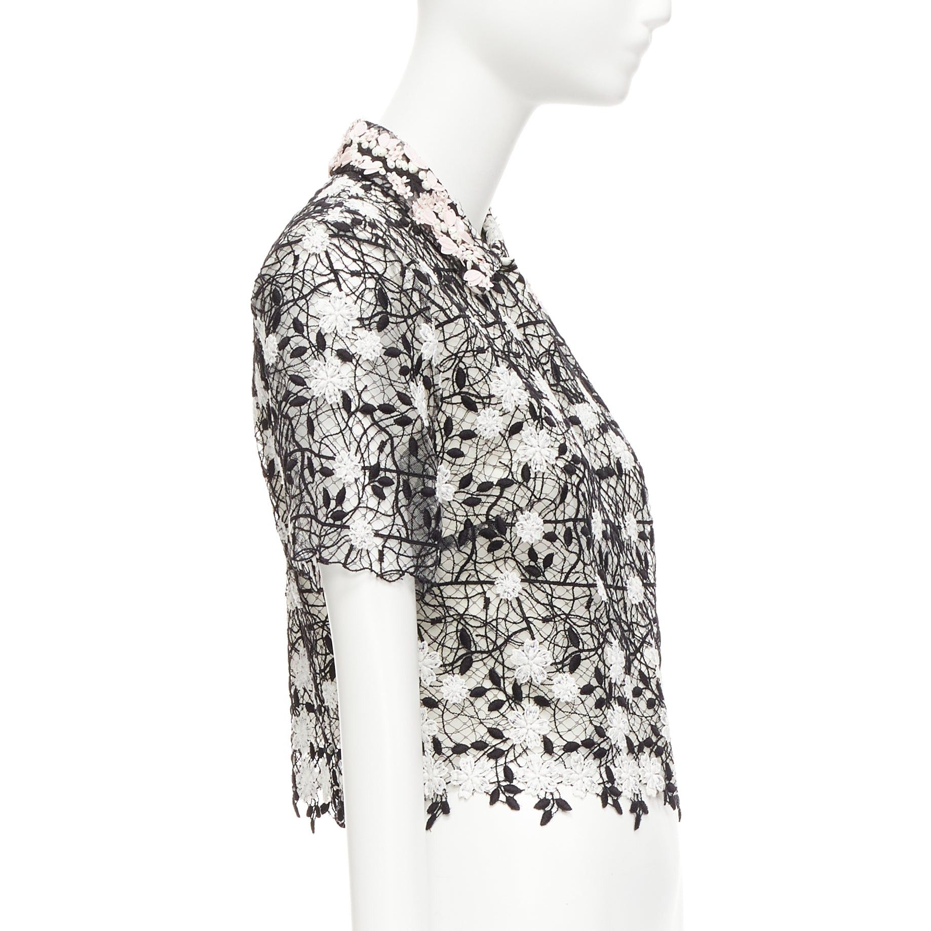 Giambattista Valli GIAMBATTISTA VALLI black cotton blend lace pink applique cropped shirt IT38 XS Size XS / US 0-2 / IT 36-38 - 4 Thumbnail