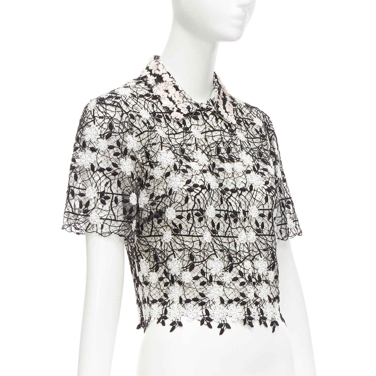 Giambattista Valli GIAMBATTISTA VALLI black cotton blend lace pink applique cropped shirt IT38 XS Size XS / US 0-2 / IT 36-38 - 3 Thumbnail