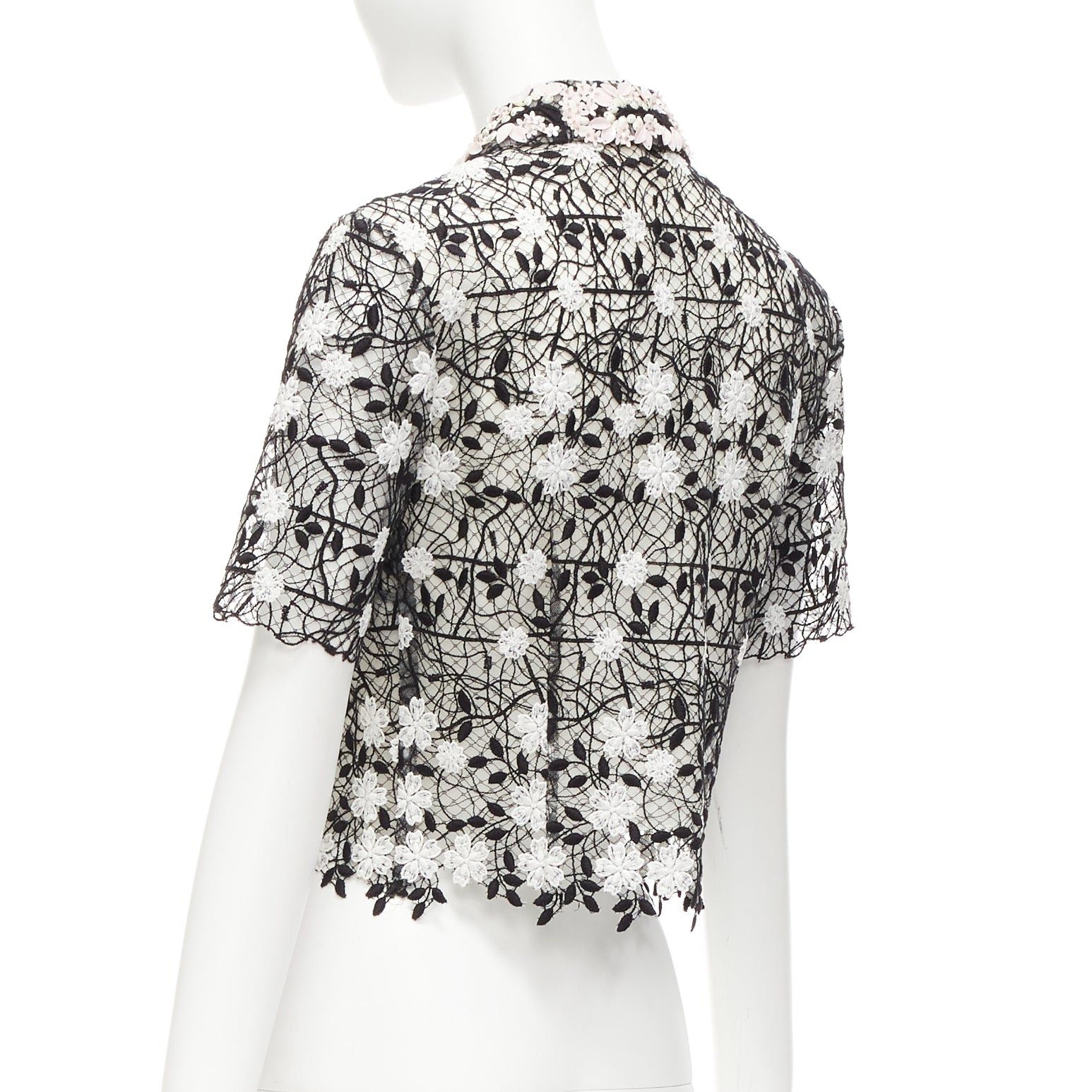 Giambattista Valli GIAMBATTISTA VALLI black cotton blend lace pink applique cropped shirt IT38 XS Size XS / US 0-2 / IT 36-38 - 6 Thumbnail