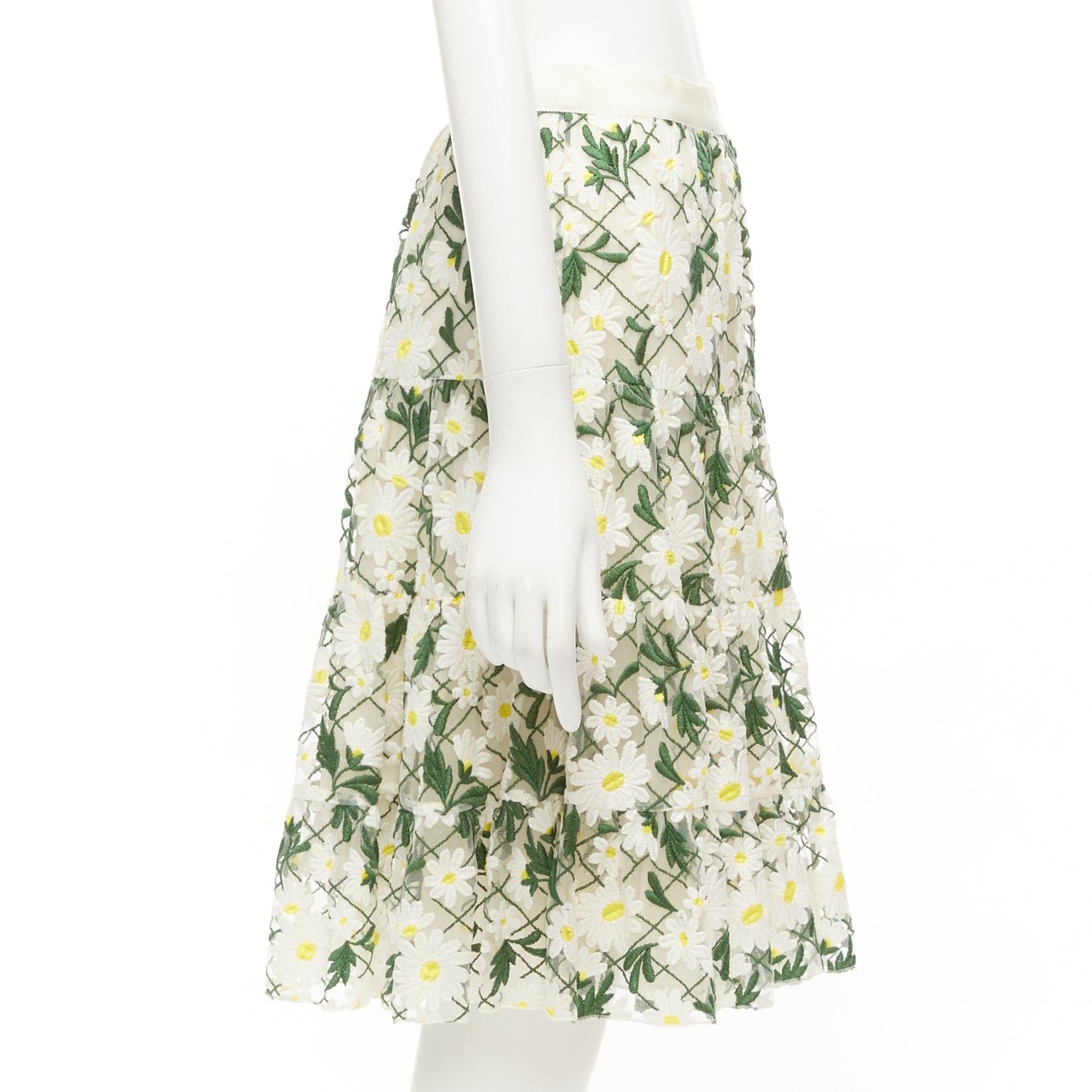 Giambattista Valli GIAMBATTISTA VALLI white green embroidered daisy cotton blend midi skirt IT38 XS Size 26" / US 2 / IT 38 - 4 Thumbnail