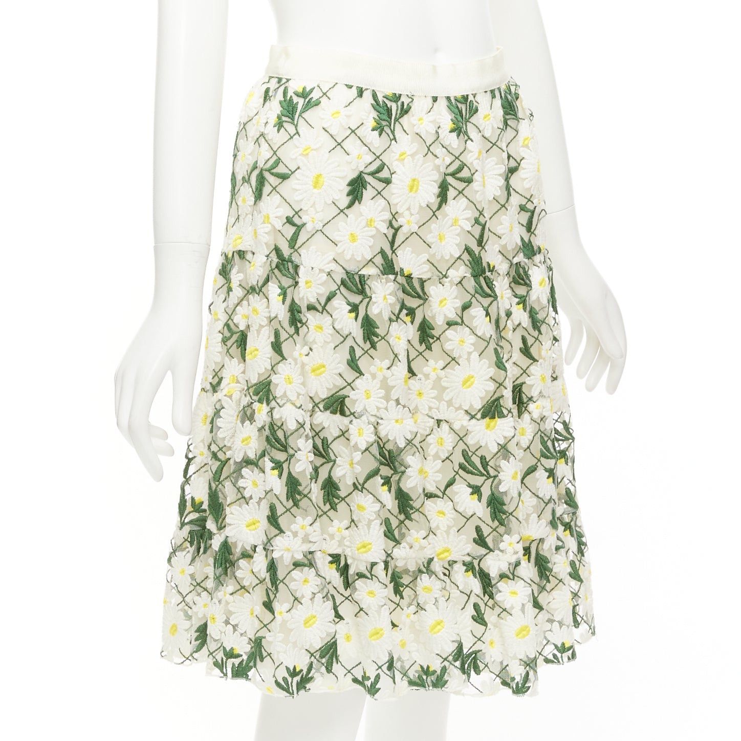 Giambattista Valli GIAMBATTISTA VALLI white green embroidered daisy cotton blend midi skirt IT38 XS Size 26" / US 2 / IT 38 - 3 Thumbnail